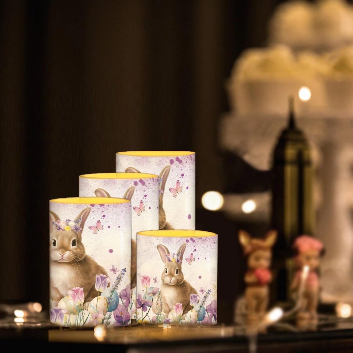 NETILGEN Easter Holiday Decor Flameless Flickering Candles with Remote, Timer Battery Operated LED Pillar Candles 4 Pcs Party Decor Candles Floral Easter Bunny Print