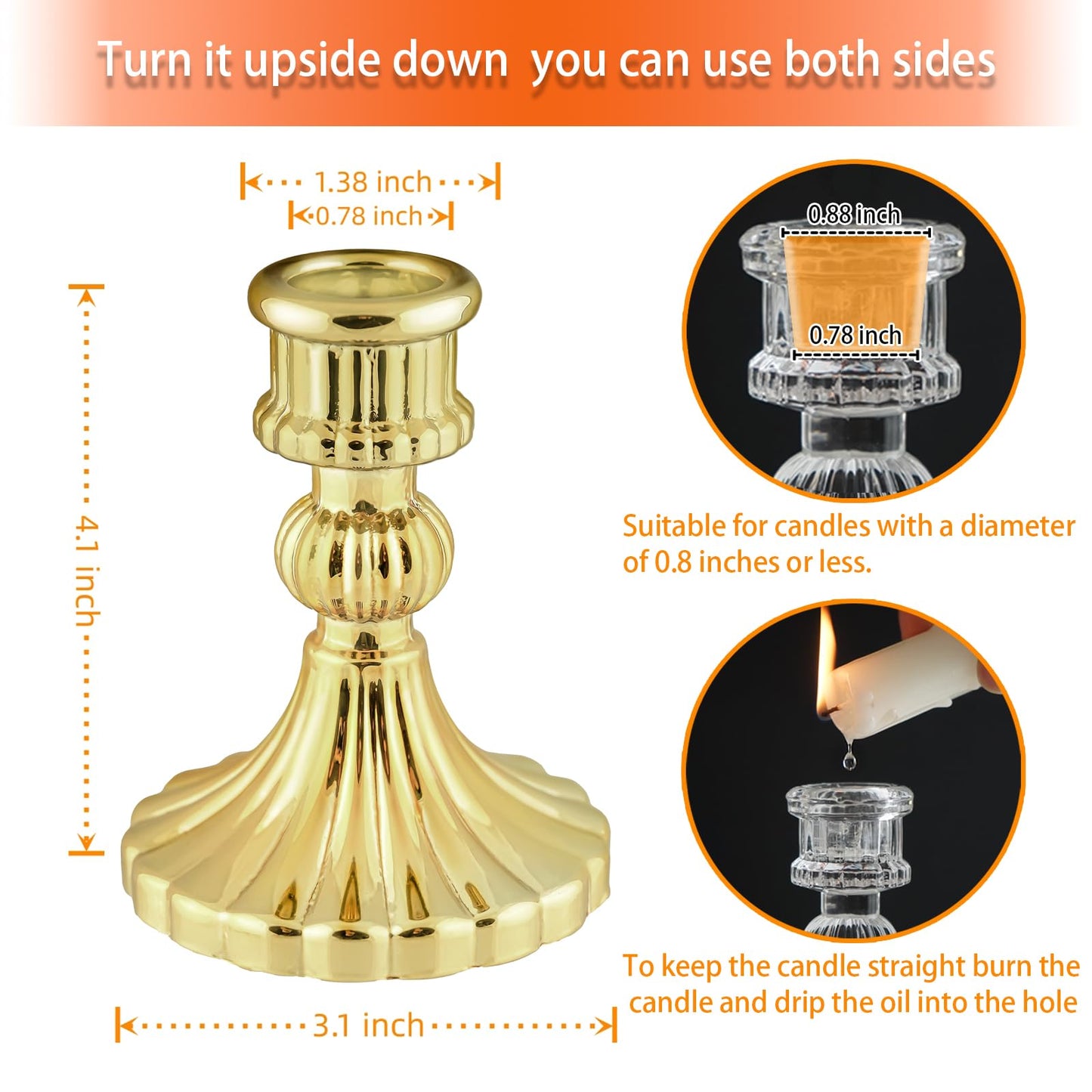 ECHFSM Glass Candlestick Holder,Striped Taper Candle Holders,Set of 6 Candle Stand for Table Centerpieces, Home Decor,Weddings,Festival and Parties (Gold Stripe)