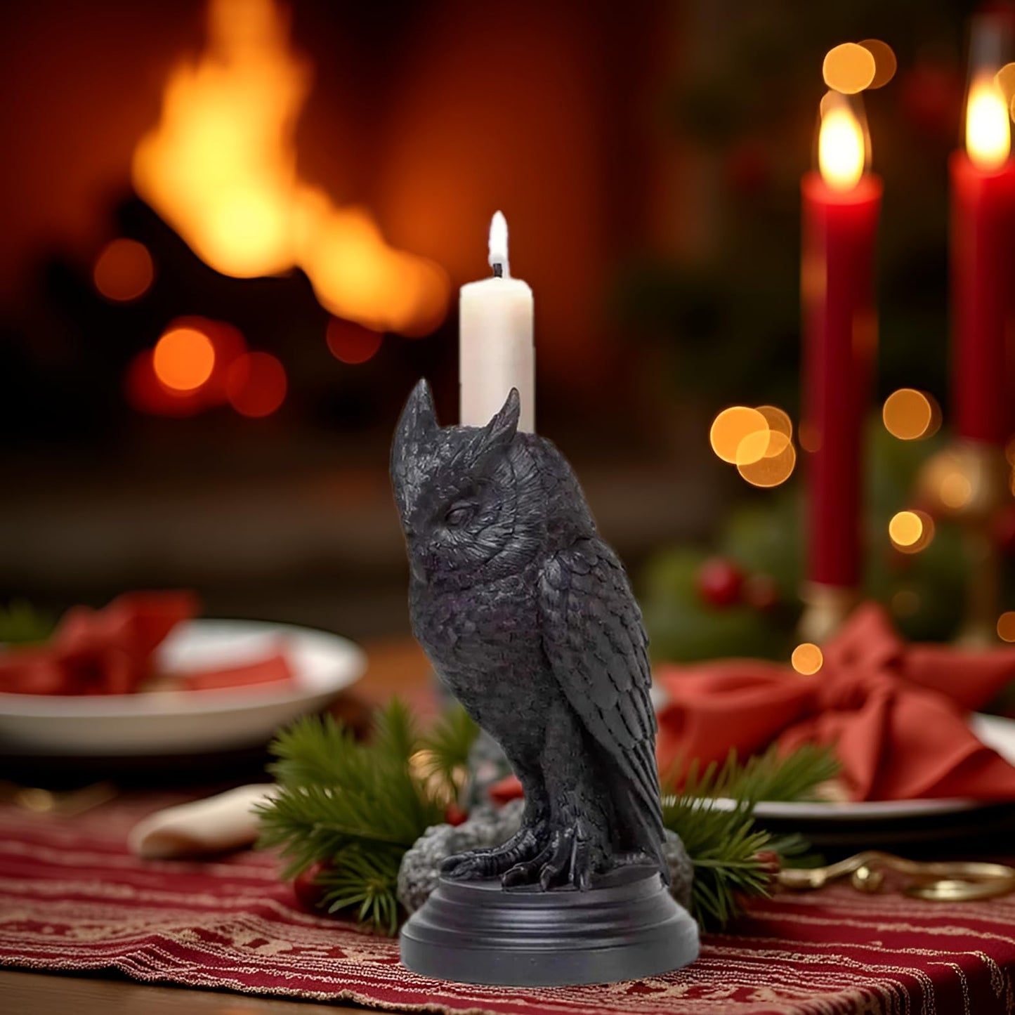 Gothic Black Owl Candle Holder Statue,Resin Cat Candlestick Holder,Halloween Gothic Tabletop Decor for Home,Dining Table & Party,Witchy Cat Figurine Gift (owl)