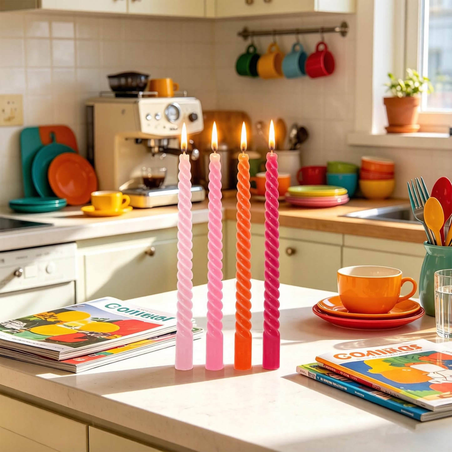 Whaline 8 Pcs Spiral Taper Candles Hot Pink Orange Pink Dripless Twisted Wax Candles 10 Inch Long Unscented Candle Sticks for Summer Fall Baby Shower Wedding Sunset Party Home Dinner Decor