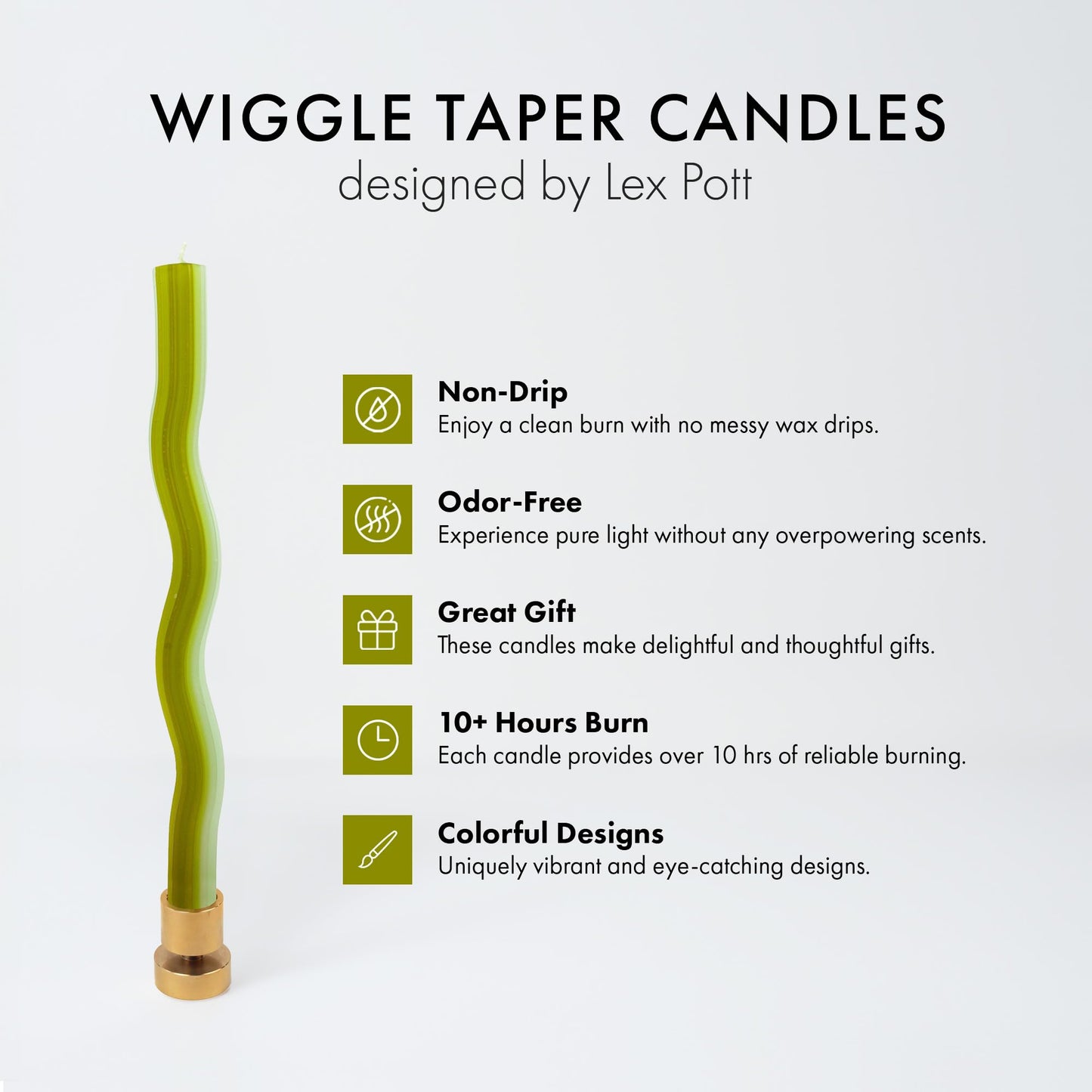 Wiggle Candles (2 Pack) - Joyful Dancing Design Taper Candlesticks | Bright Colors | 7/8” diam x 11” Length | Designed by Lex Pott | Made in USA (Green)