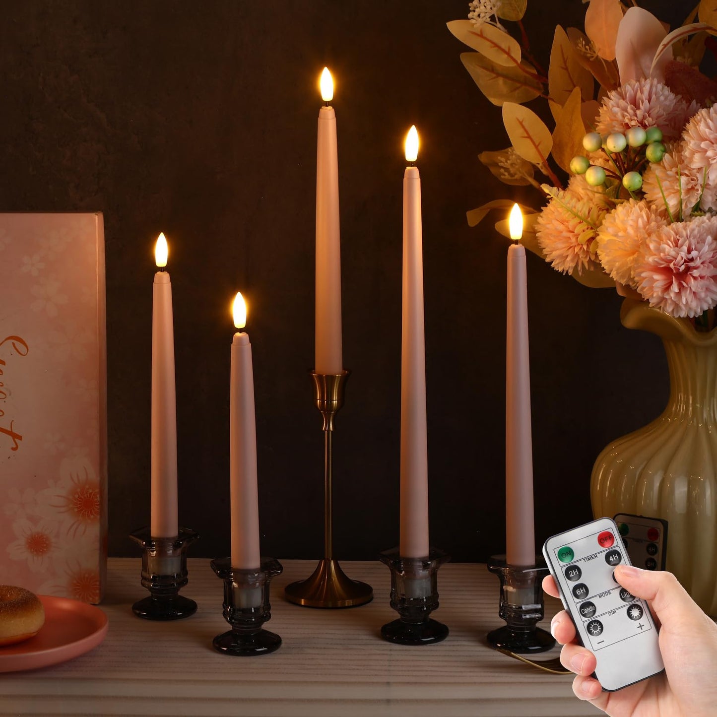 Rossesay 16 Pcs Pink Flameless Taper Candles Battery Operated Candles with Remote Timer 8.5" 9.6" 10.8" 12.8" Multiple Sizes Pink LED Flickering Candlestick for Wedding Centerpieces Party Decor