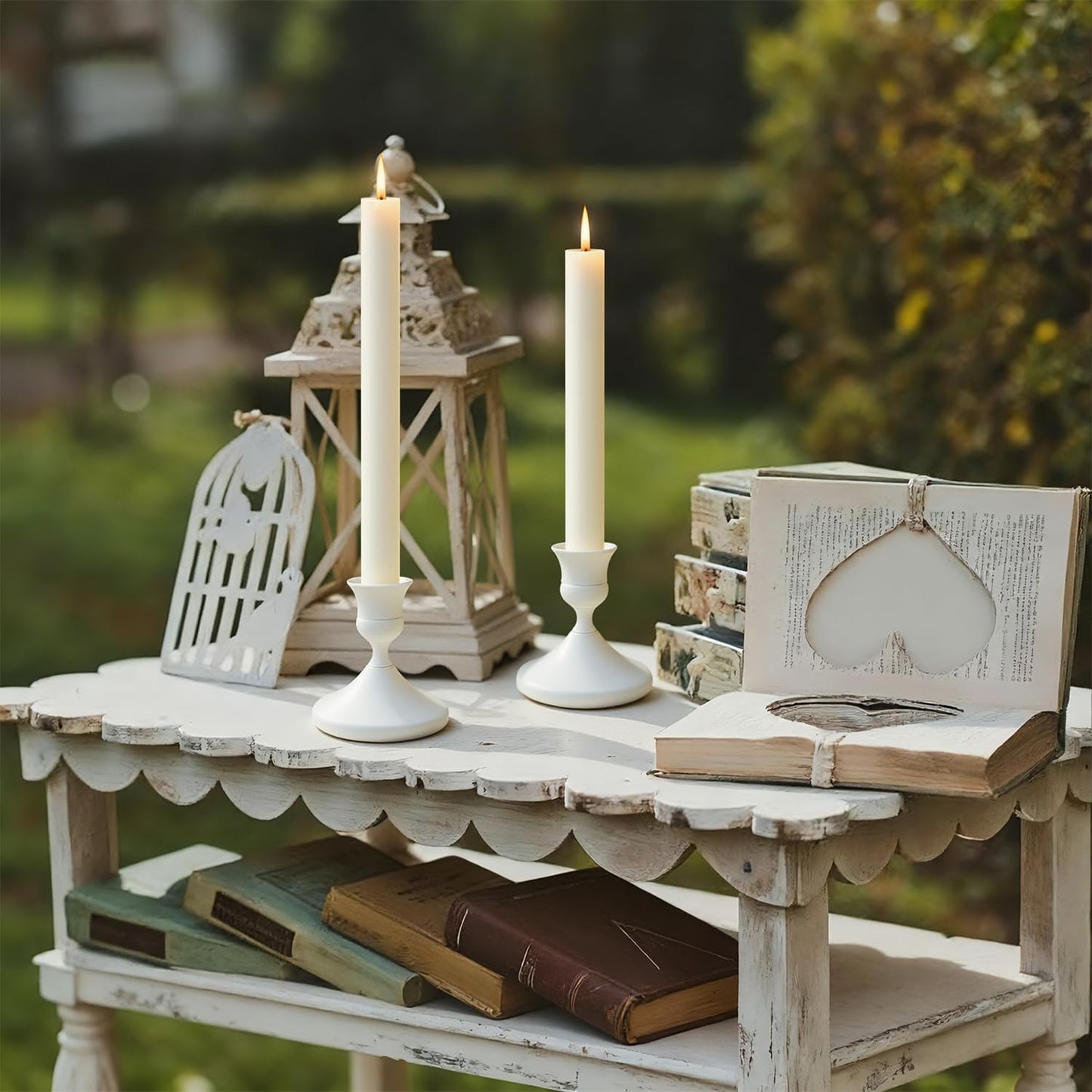 Candle Holders White Set of 6, Vintage Metal Candlestick Holders for Dinner Room Table Centerpiece, Low Metal Candles Sticks for Wedding Centerpieces Christmas Birthday Party
