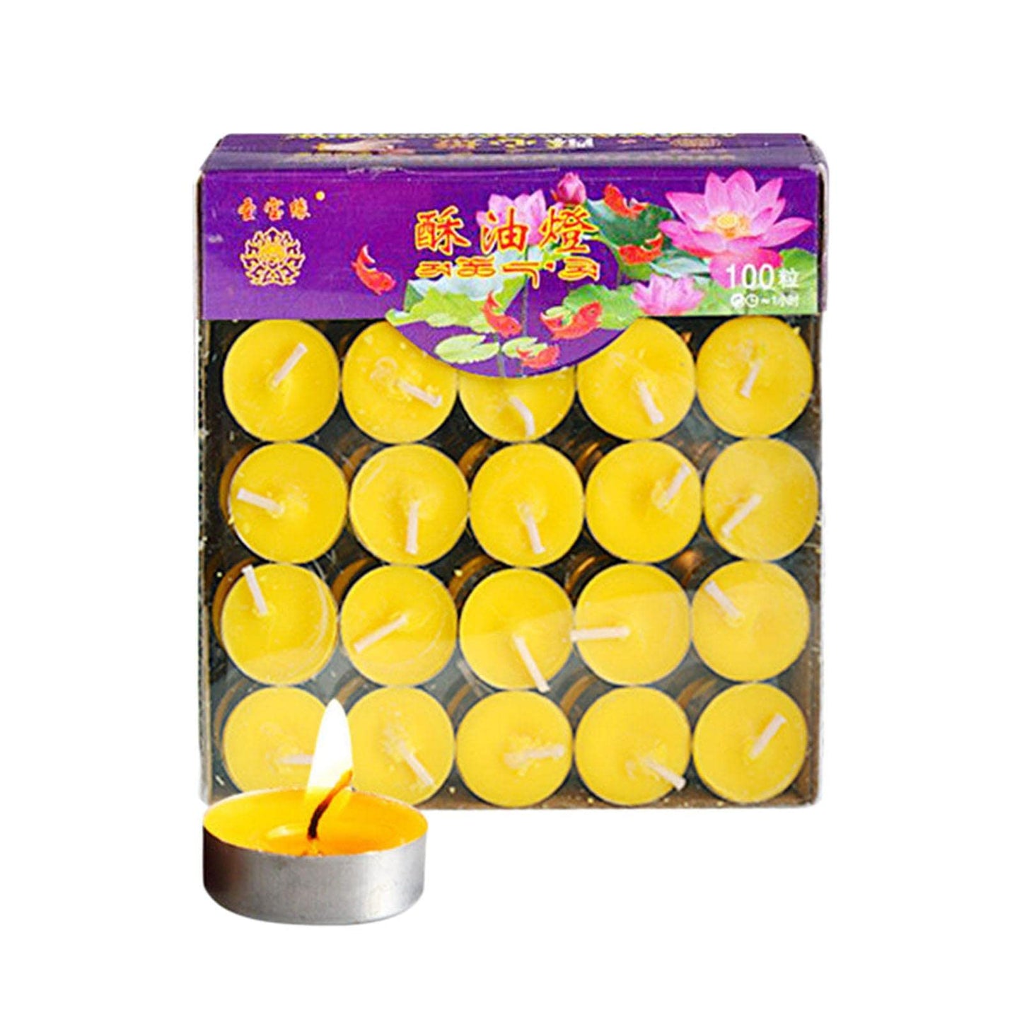Duiaynke 100x Smokeless Round Candles 1H Long Burning Tea Light Tibetan Buddhist Church Tealight Ghee Butter Lamp Candles for Wedding Meditation Rituals Altars (Yellow)