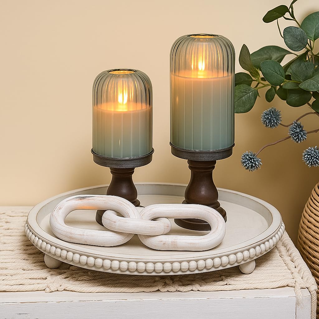 Lezonic Glass Flameless Candles Battery Operated with Remote, Dancing Flame LED Flickering Pillar Candles, Set of 4 Real Wax St. Patrick's Day Gift Fall Decorations for Home Room Decor (Pumpkin Green)