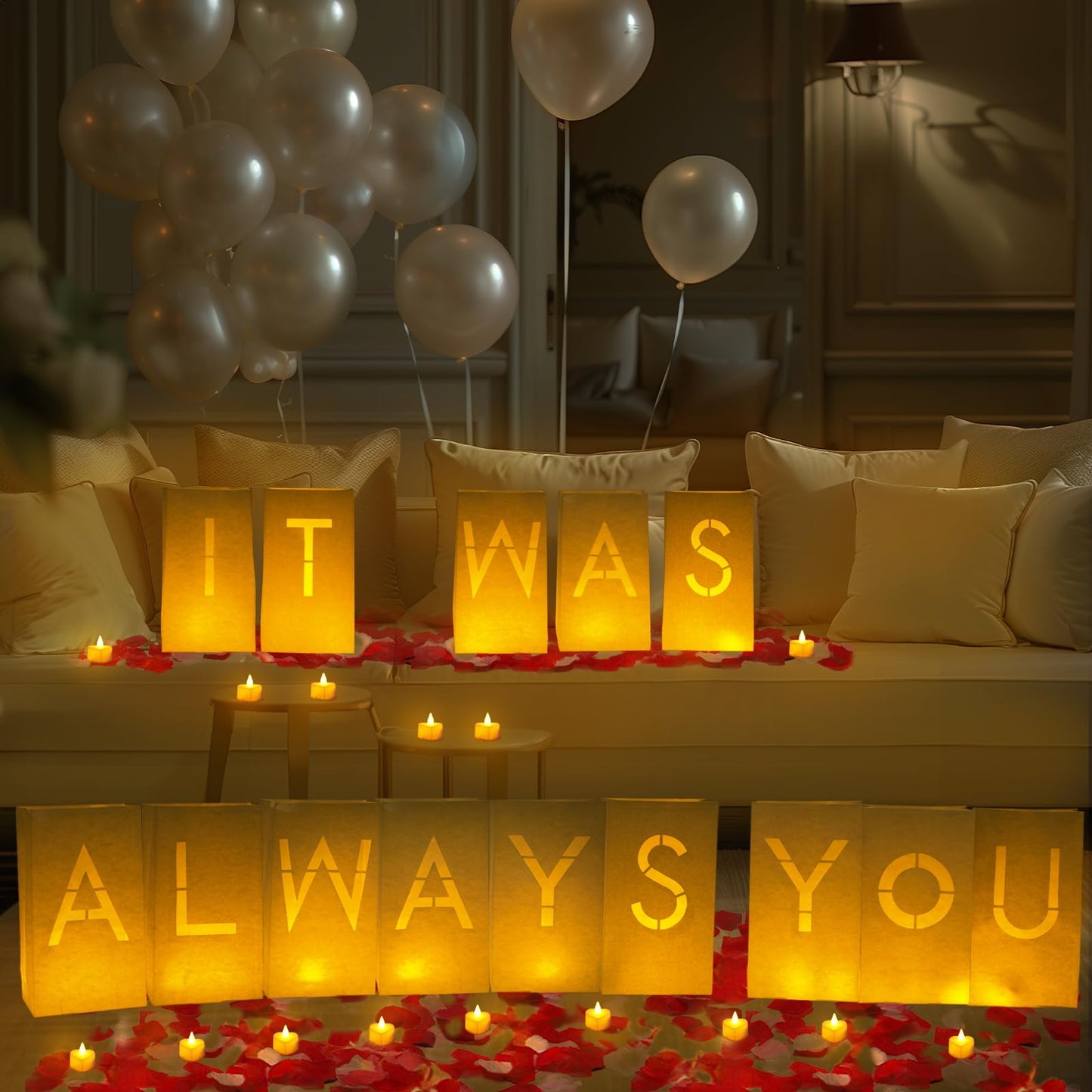 Homemory It was Always You Light Up Letters with Flameless Candles and 2000 Fake Rose Petals, Valentine's Day Luminary Bags Romantic Decorations Special Night for Proposal Wedding Anniversary