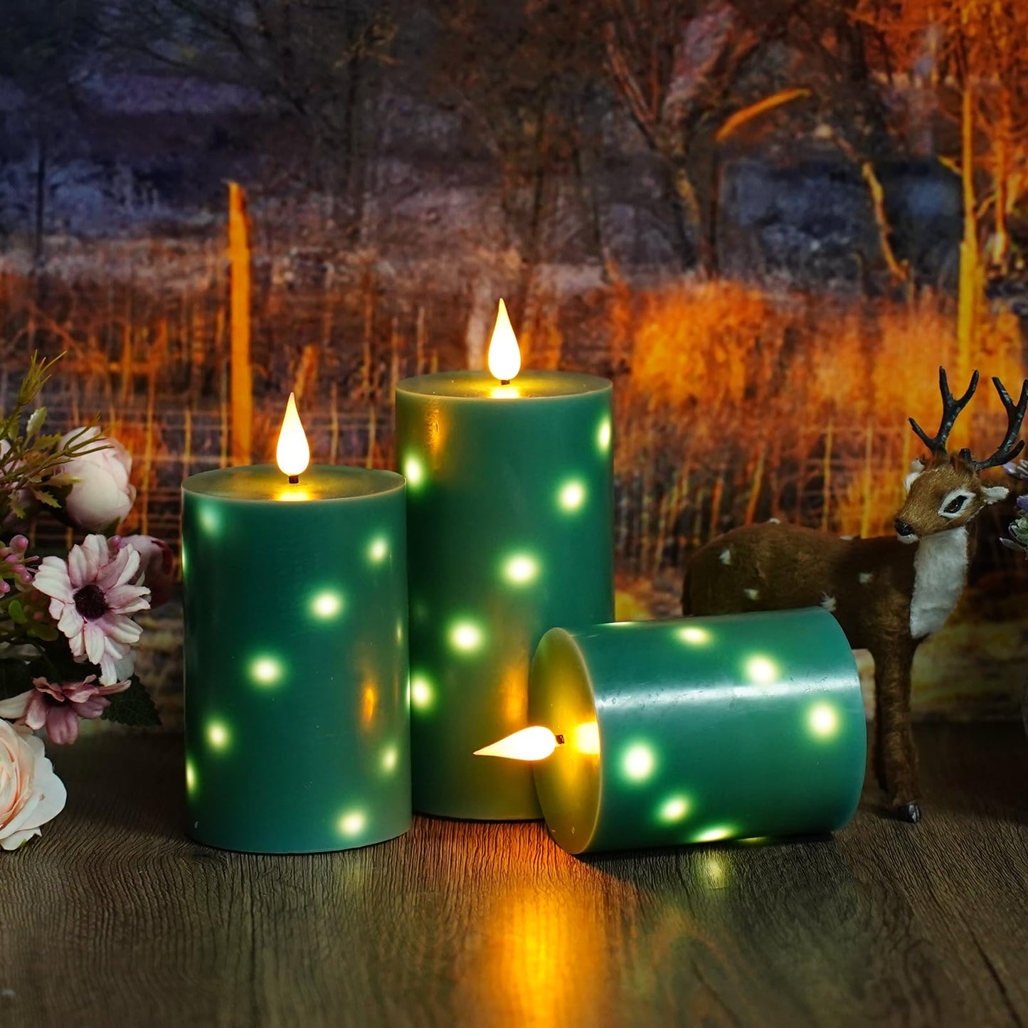 JINYANIA Flameless Candles with Embedded Star String, Real Wax Battery Operated Candles with Remote Timer, Flickering Pillar LED Candle Set for Home Decor Romantic Ambiance （Green）