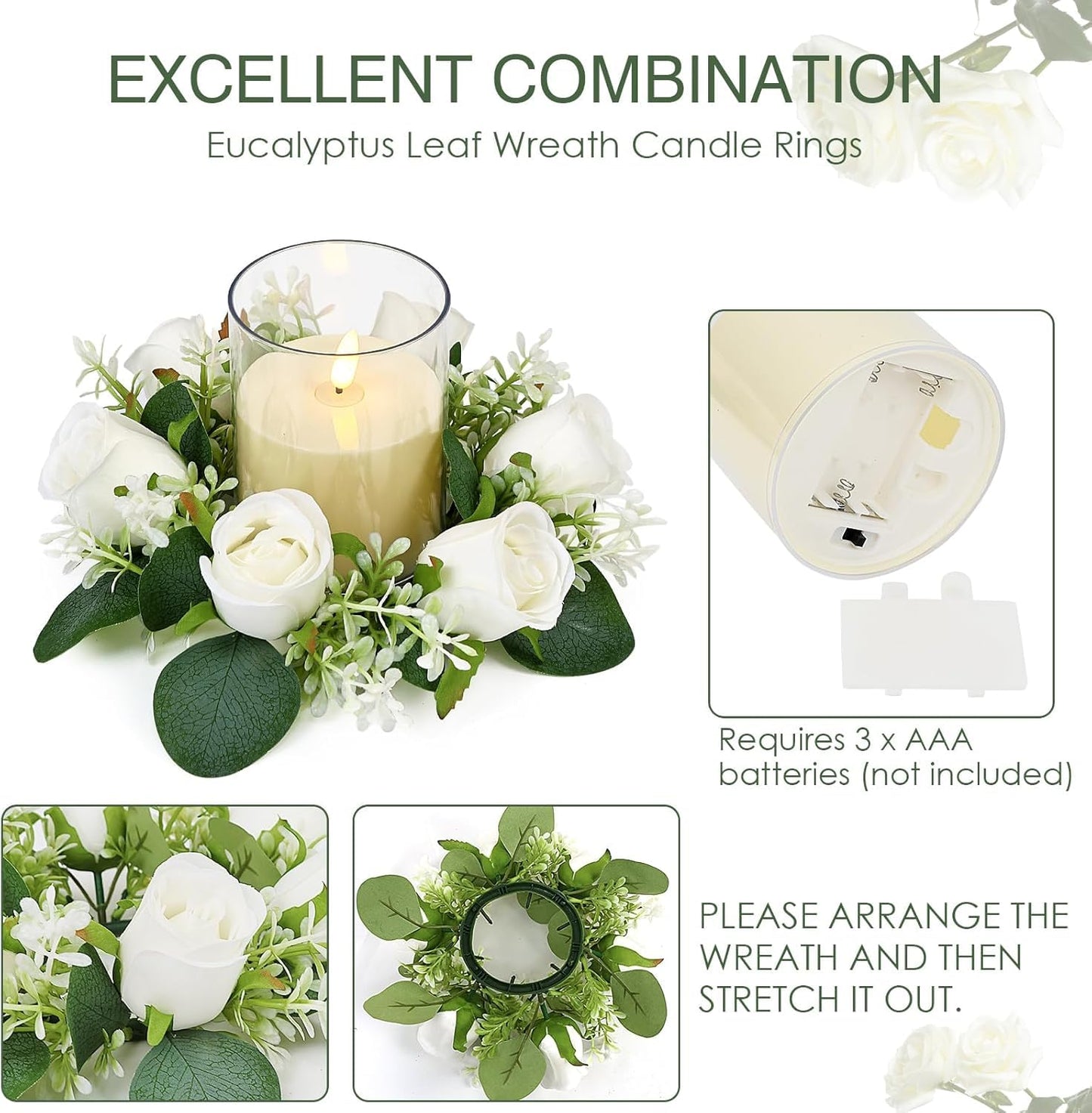 Acmee White Rose Candle Rings with Flameless Candles Sets - 24PCS Artificial Flower Eucalyptus Wedding Centerpiece 3 Inch Pillar Candleholders Wreaths for Wedding Party Decor (White - 12 Sets)