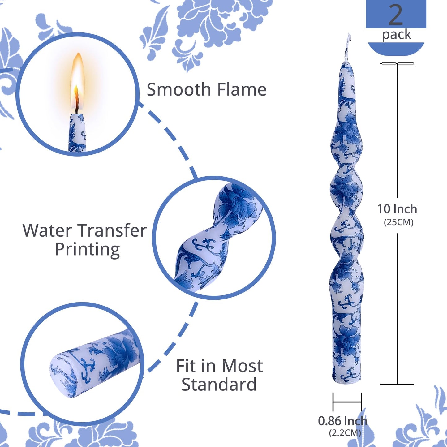 NJAO HOO Floral Taper Candles 10 in Spiral Candlesticks Hand Printed Blue and White Candlestick Twisted Taper Candle for Home Garden Decor, 2Pcs