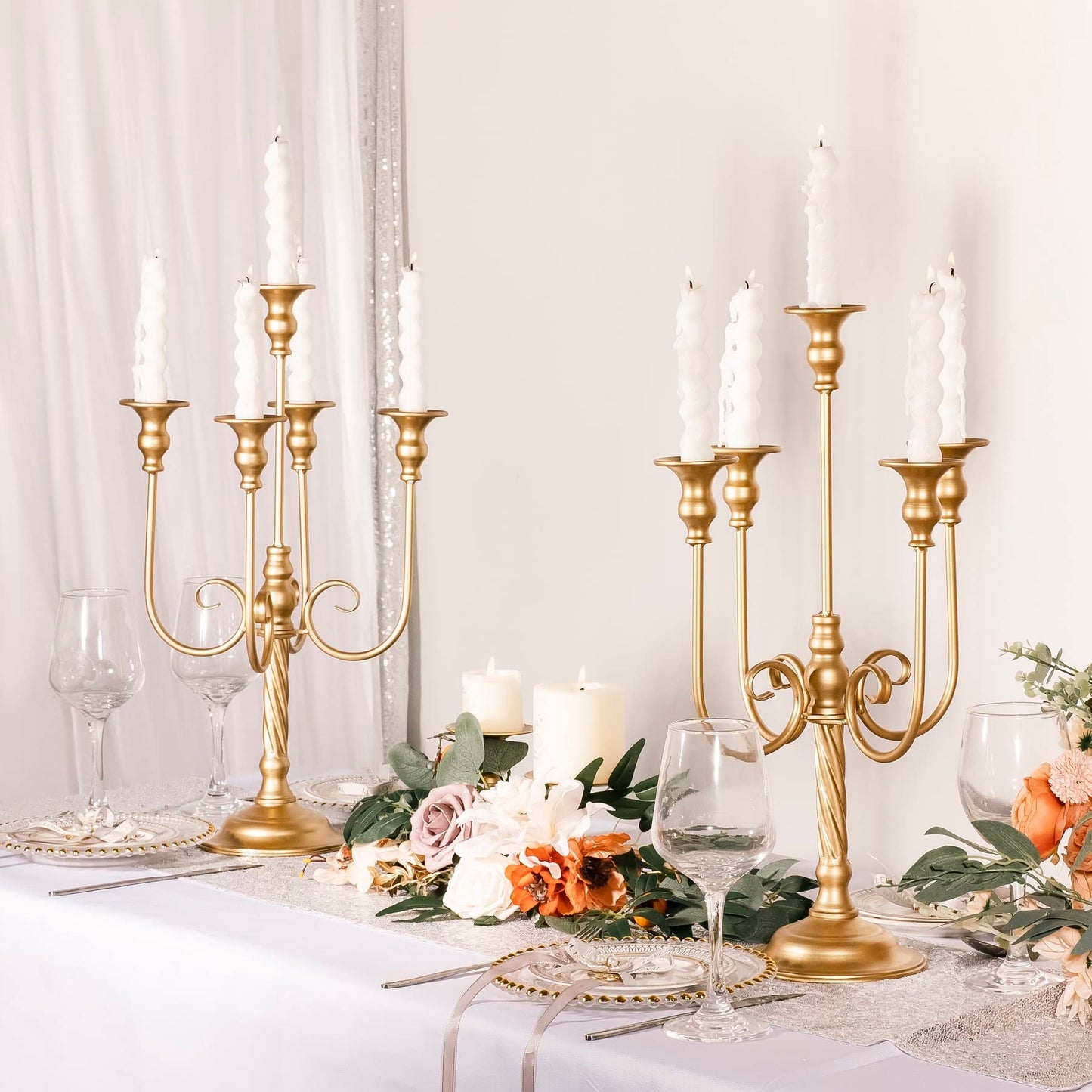19.7in Gold Candelabra Centerpieces for Tables, 2Pcs Metal Tall Candle Holder for Taper Candles, 5 Arm Candlestick Holder for Wedding Centerpiece Decor Party Event Reception Decoration