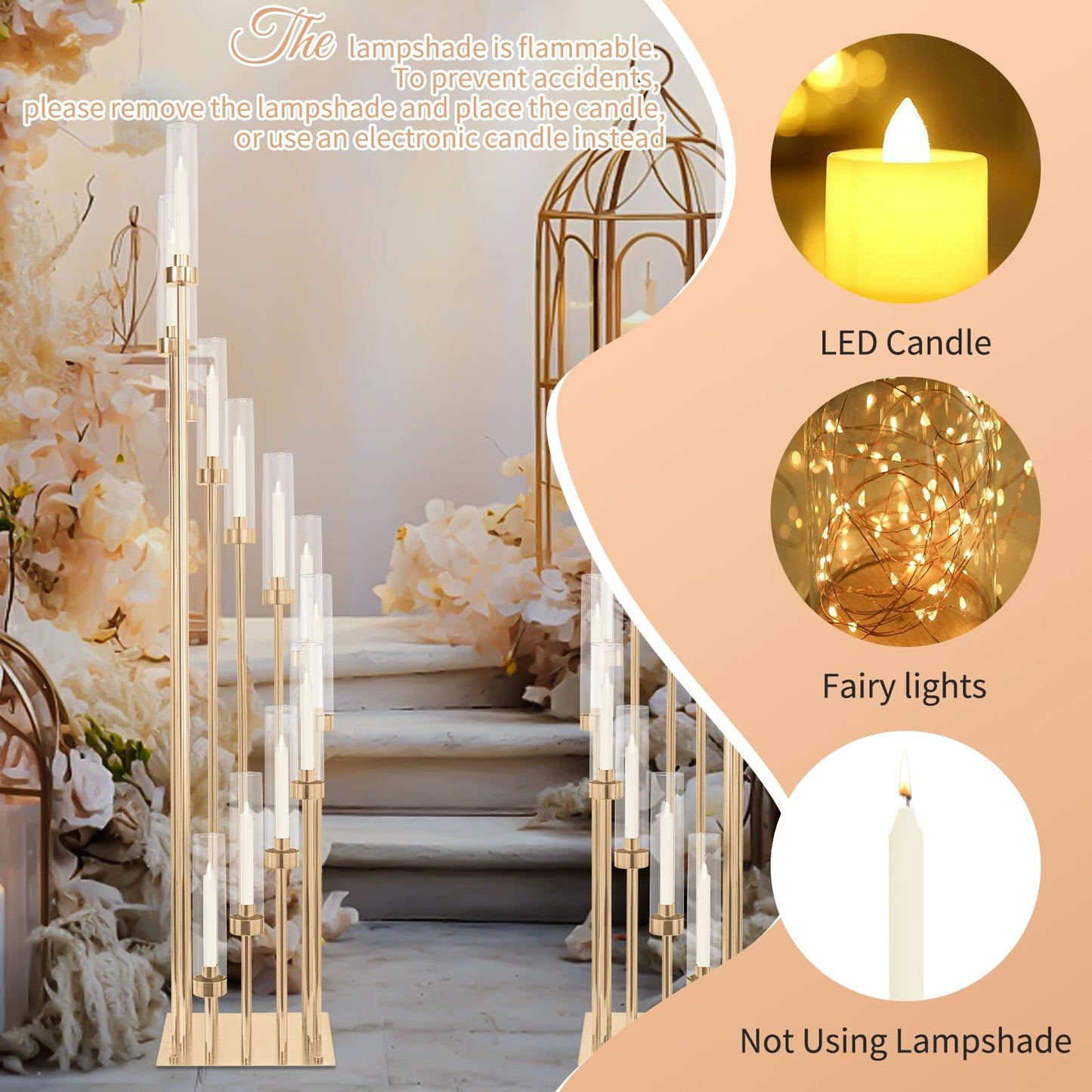 2 Sets 12Arm Gold Candelabra,Candle Holder with Clear Acrylic lampshades Fit Flameless or Wax,46'' High Large Floor Candelabra Centerpiece for Wedding Aisle Ceremony Reception Event Decoration