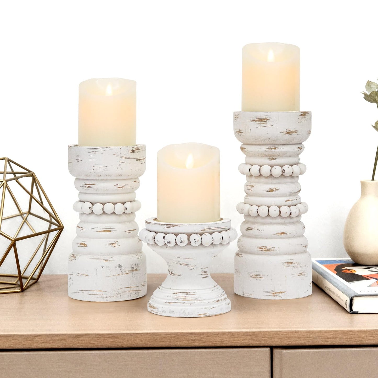 MODE HOME Rustic White Wood Candle Holders Set of 3, Farmhouse Beaded Wood Pillar Candle Holder, Candle Holders for Pillar Candles & Candlesticks, Candle Sticks Holder Decor for Table Centerpiece