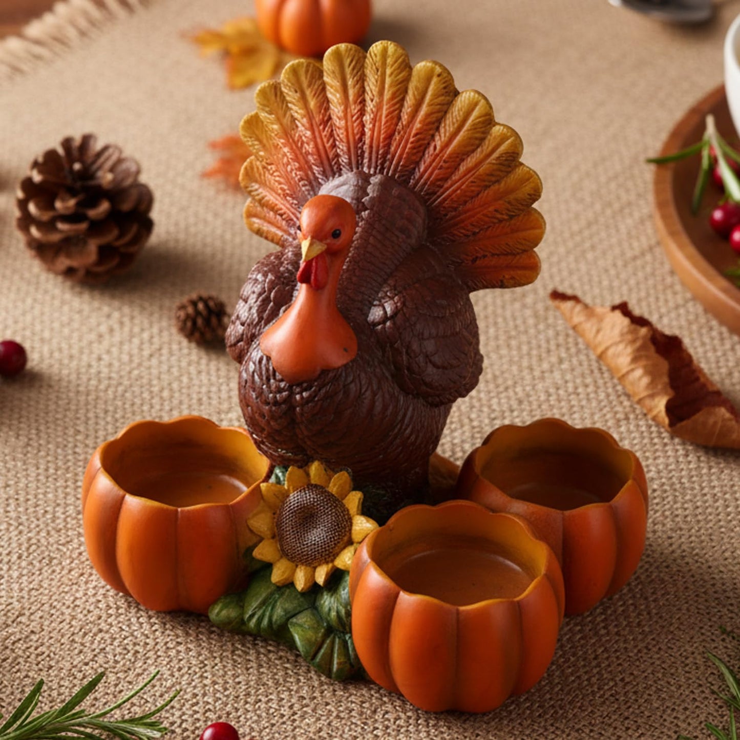 Thanksgiving Turkey Tealight Candle Holder with 3 Pumpkin & Sunflower Decor, Thanksgiving Table Centerpieces Autumn Votive Candle Holder Turkey Figurine for Fall Home Decor