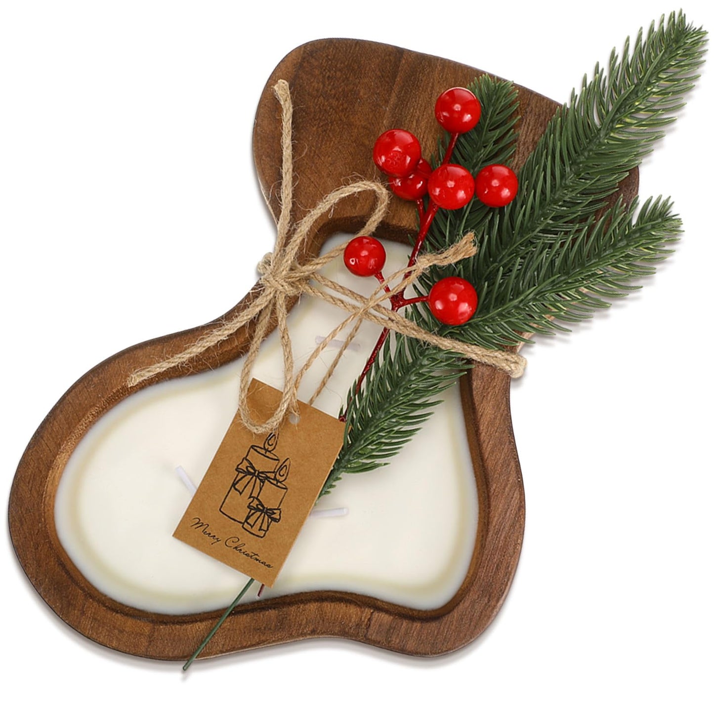 MTLEE Christmas Wooden Candle Bowl Wood Dough Bowl 3 Wick Rustic Xmas DIY Scented Candles Gifts Decoration with Berries Pine Label for Dining Farmhouse Table Centerpiece(Christmas Stockings)