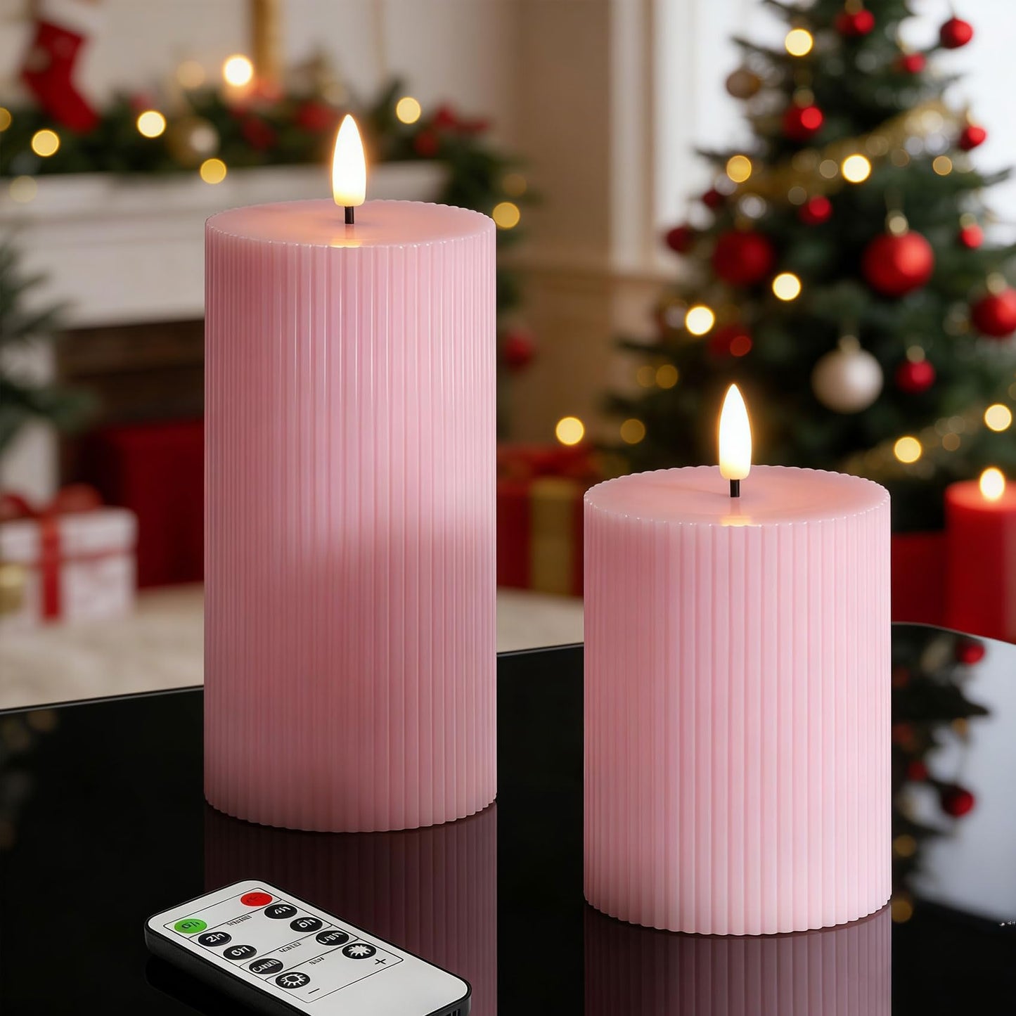 Girimax Pink Ribbed Flameless Pillar Candles with Remote, Flickering LED Wax Candles Battery Operated Set of 2