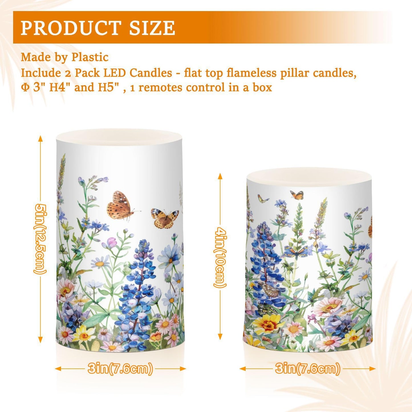 Flower Lights Flameless Candles Watercolor Wildflowers Spring Pillar Candles Set of 2 Battery Operated Remote Control Warm Lights Home Decor