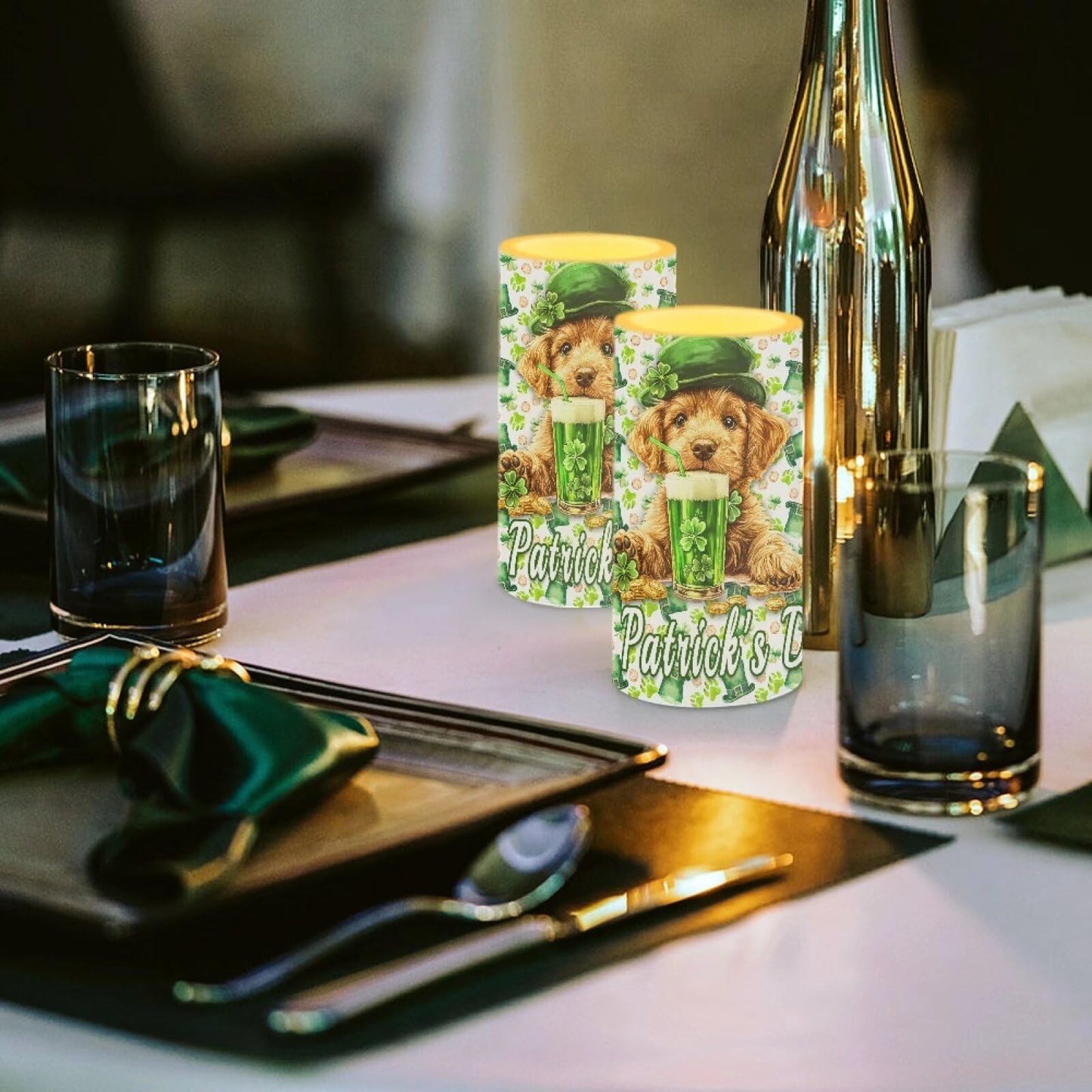 Luarisgur St Patricks Day Flameless Candles Green Dog Battery Operated Candles with Remote and Timer LED Flameless Candles 2 Pack 6 x 3 inch for Home Decor Bedroom