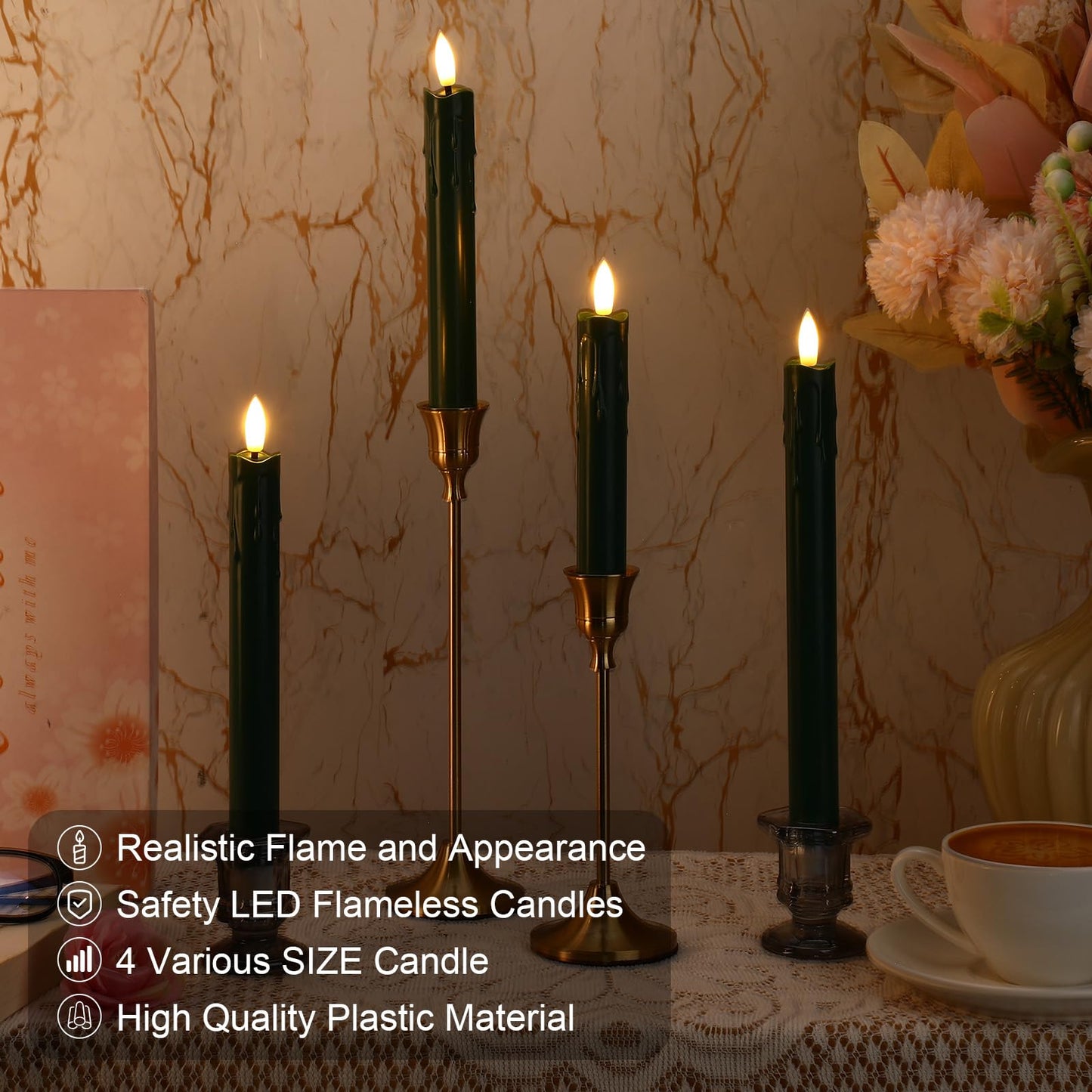 Macarrie 24 Pcs Green Flameless Taper Candles LED Battery Operated 6.5'', 7.7'', 8.8'', 10'' 3D Flickering Flame Candlesticks Drip Wax Shaped Candles for Wedding Birthday Party Decor