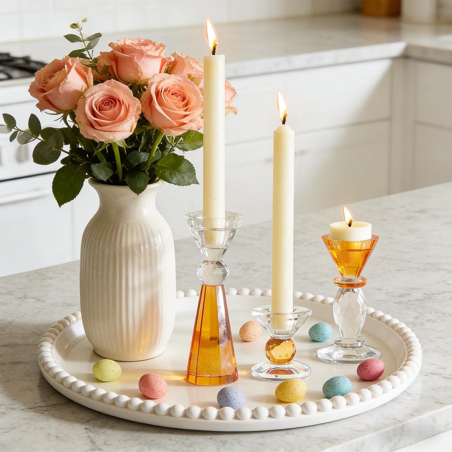 DN DECONATION Glass Candle Holder Set of 3, Candlesticks Holders Amber & Clear Crystal Tealight Candles Holder for Table Centerpiece Wedding Decorations Housewarming Gift Living Room Party