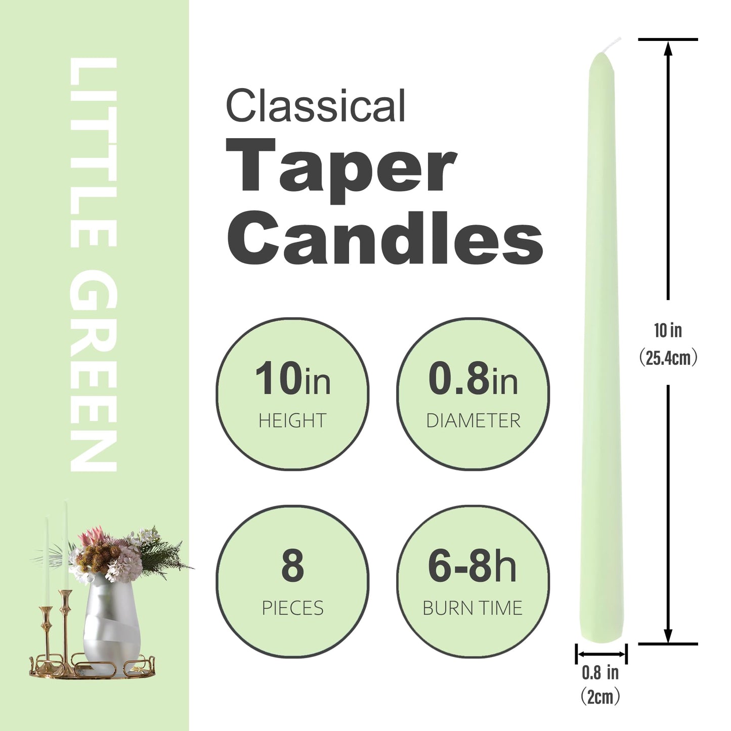 8 Pack 10 Inch SageGreen Taper Candles for Dinner Garden Party Home Decor Wedding Shower and Spring Decor