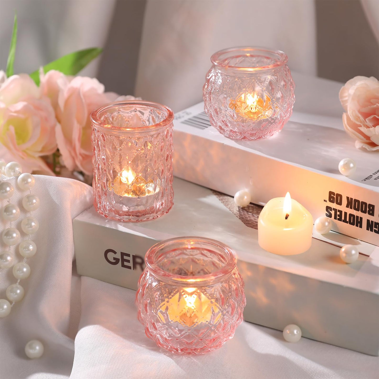 DARJEN Pink Votive Candle Holders Set of 24- Round Glass Candle Holders Bulk for Flameless LED Tea Waxes, Romantic Candle Holder for Wedding & Various Parties, Home Table Decor (Pack of 4)