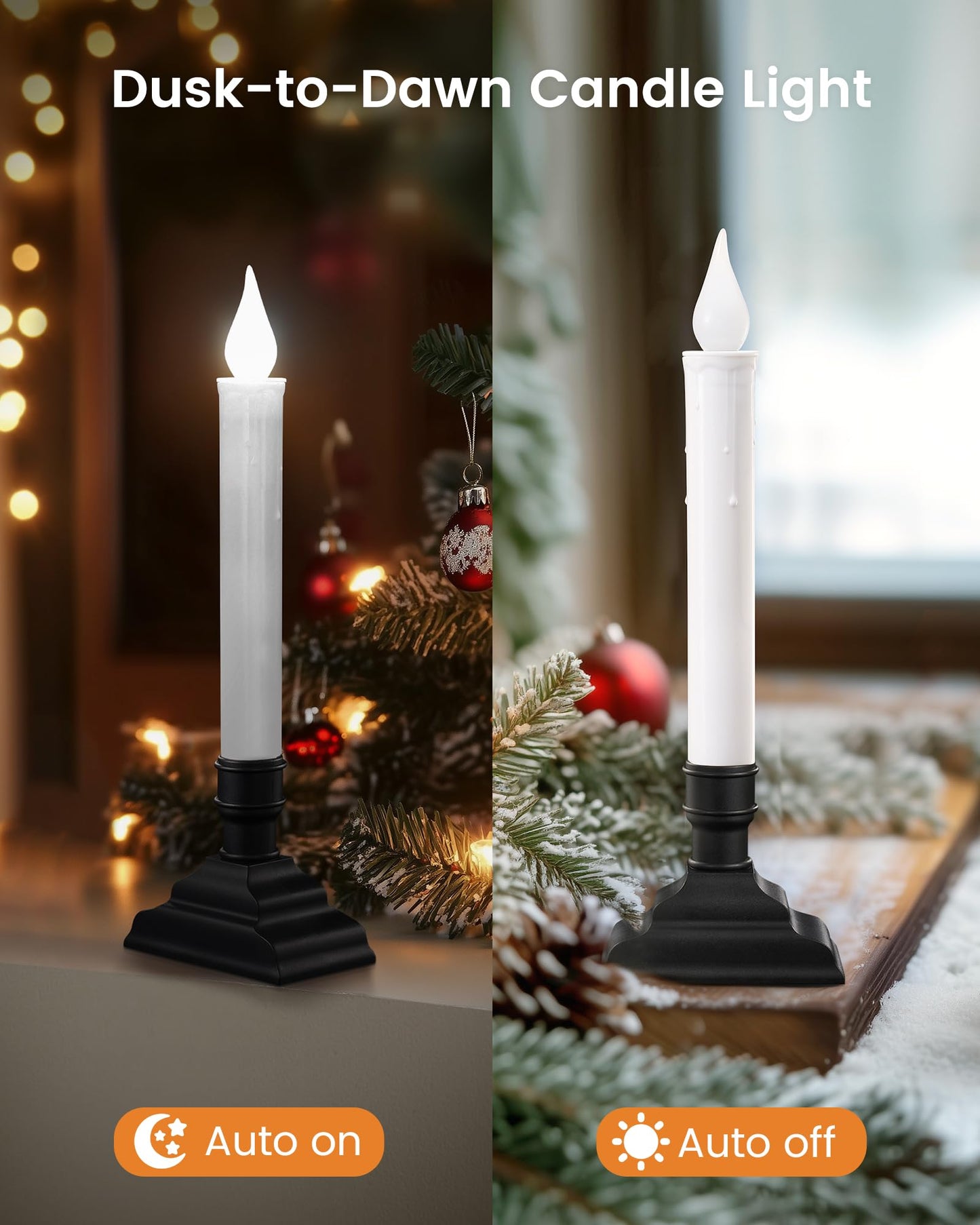 SURAIELEC Battery Operated Christmas Window Candles, Dusk-to-Dawn Window Candle, Flickering Cool White LED Candles for Windows, 1.7‘’ Narrow Base for Windows, Mantels, Dining Tables, Black, 4-Pack