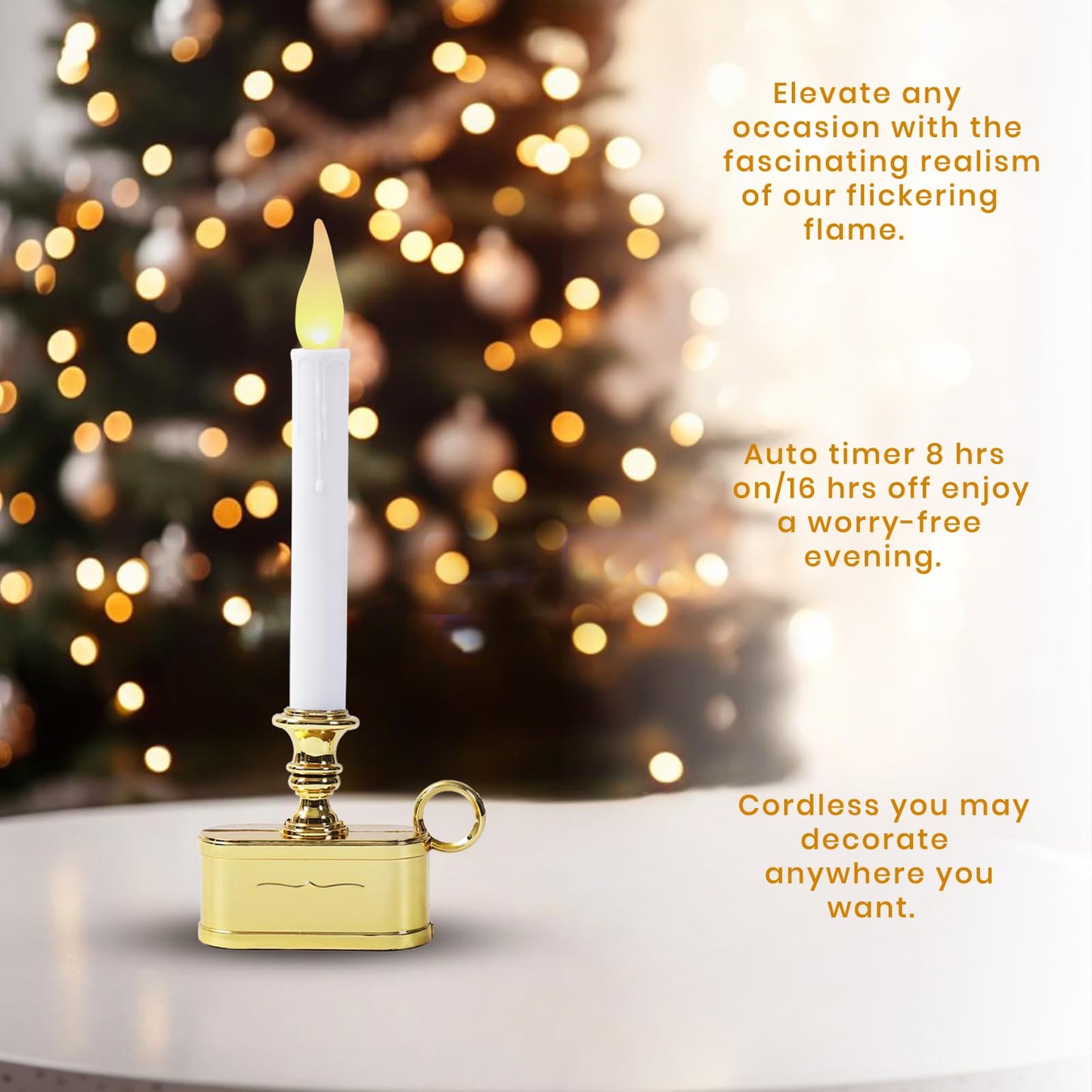 LitTerra Window Candles 2AA Battery Operated with Timer 8 Hours On and 16 Hours Off Led Warm White with Flicker Flame (Gold Base) Battery Not Included