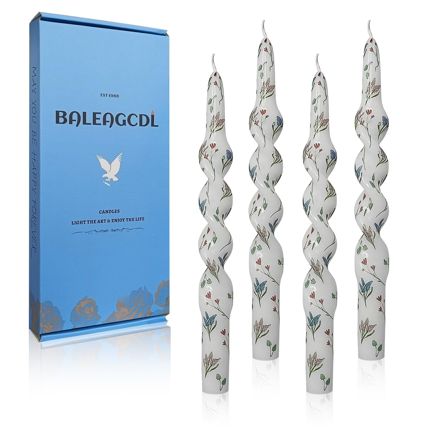 Unscented Floral Taper Candle Spiral Candlesticks - Set of 4 Trefoil Handmade Twisted Candle 10 Inch Long Candle Sticks Print Tapered Candles for Home Wedding Dinner