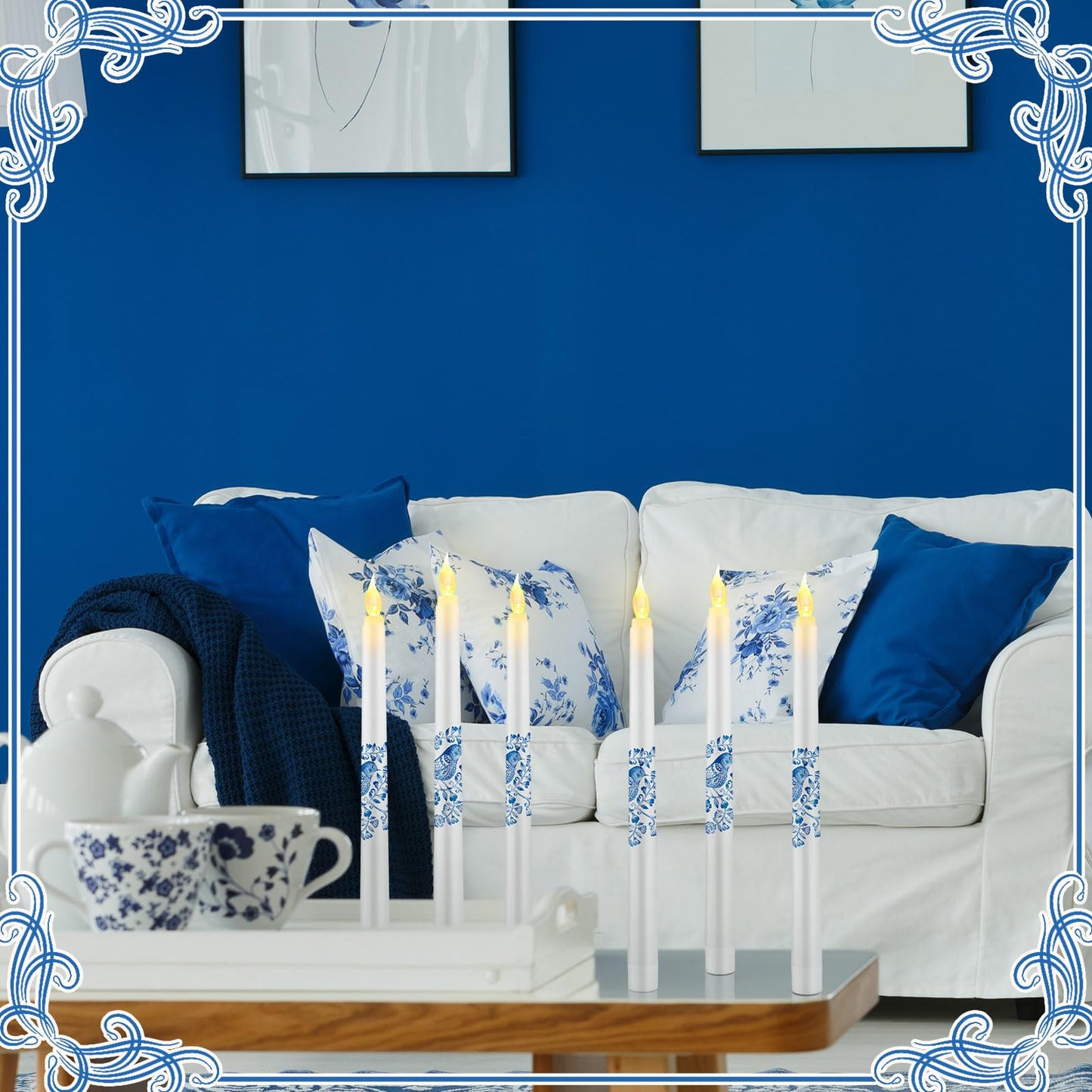 Conelist 6 Pcs Chinoiserie Flameless Candles 10 Inch Blue and White Candles Battery Operated LED Candlesticks Chinoiserie Decor for Wedding Table Centerpiece Home Party Decor Gifts