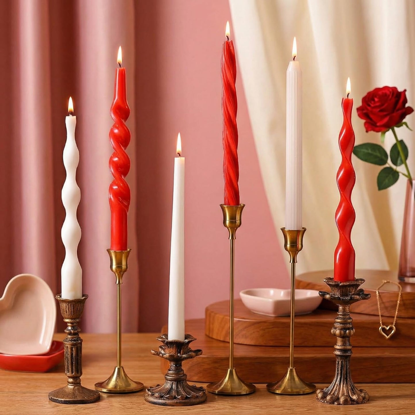 Lyrow 6 Pcs 8 Inch Valentine Day Twisted Taper Candles Dripless Red White Unscented Spiral Wax Taper Candles Valentine Long Swirl Tapered Candlesticks for Wedding Holiday Party Decoration