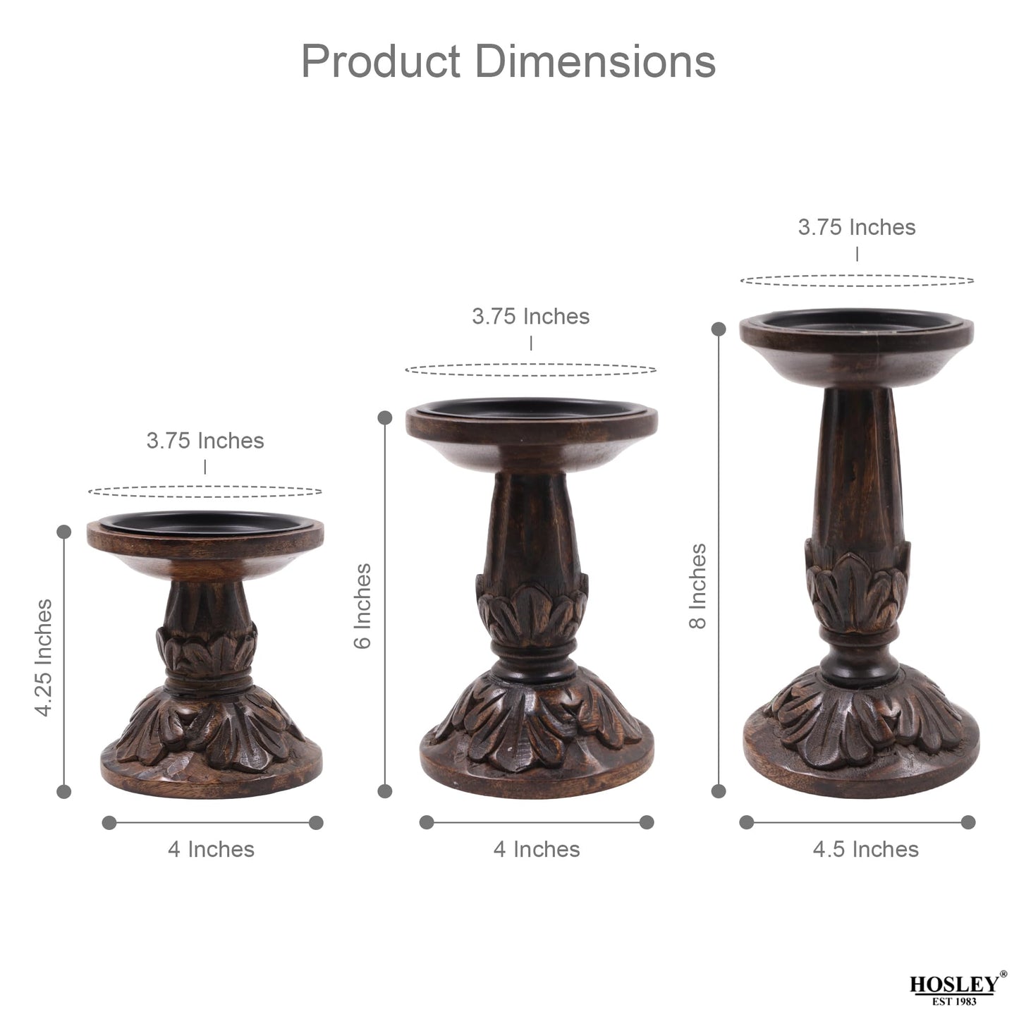 Hosley Set of 3 Dark Brown Wood Pillar Candle Holders 8 Inches 6 Inches and 4.25 Inches High Ideal for LED and Pillar Candles Gifts for Weddings Party Home Spa Reiki Aromatherapy