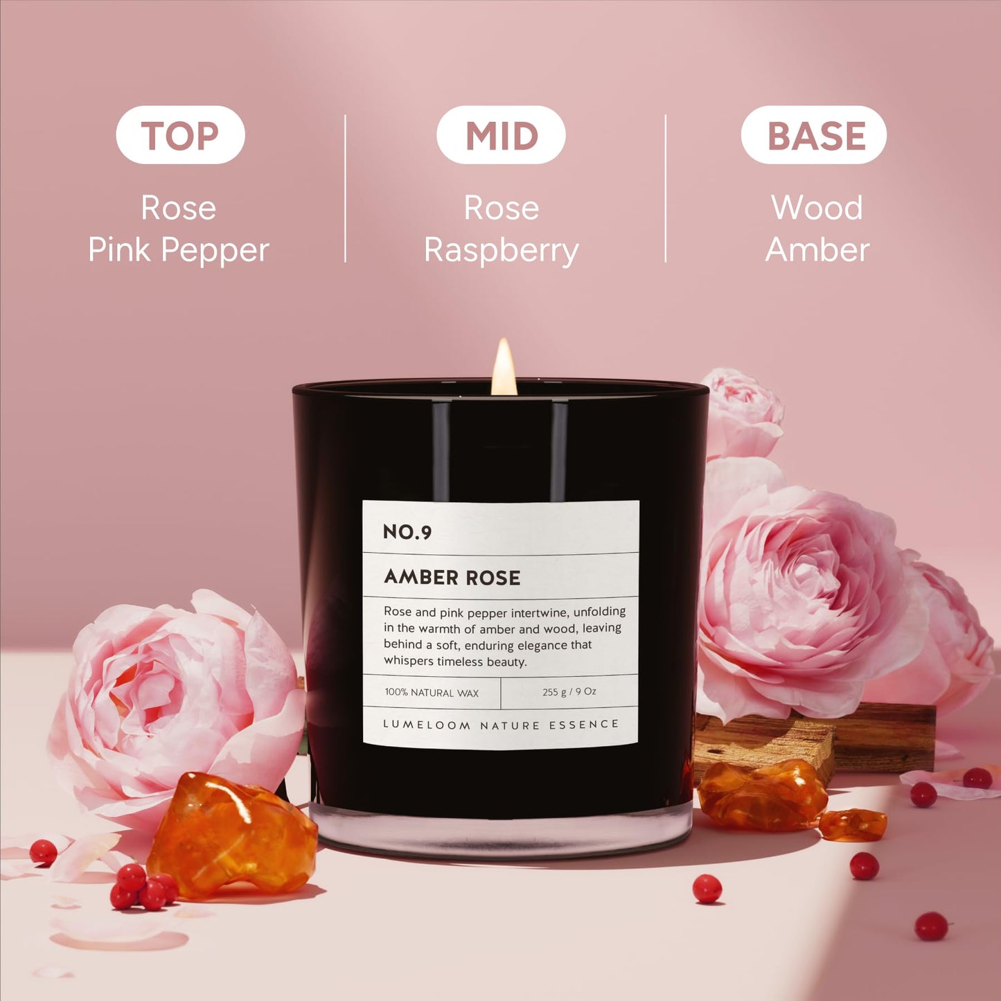 LUMELOOM Amber & Rose Luxury Scented Candles, 9oz Soy Wax Candles for Home Scented, Rose, Wood, Amber Scent, Long Burning Time, Gifts for Women, Friends, Men, Sister, Mom, Teacher