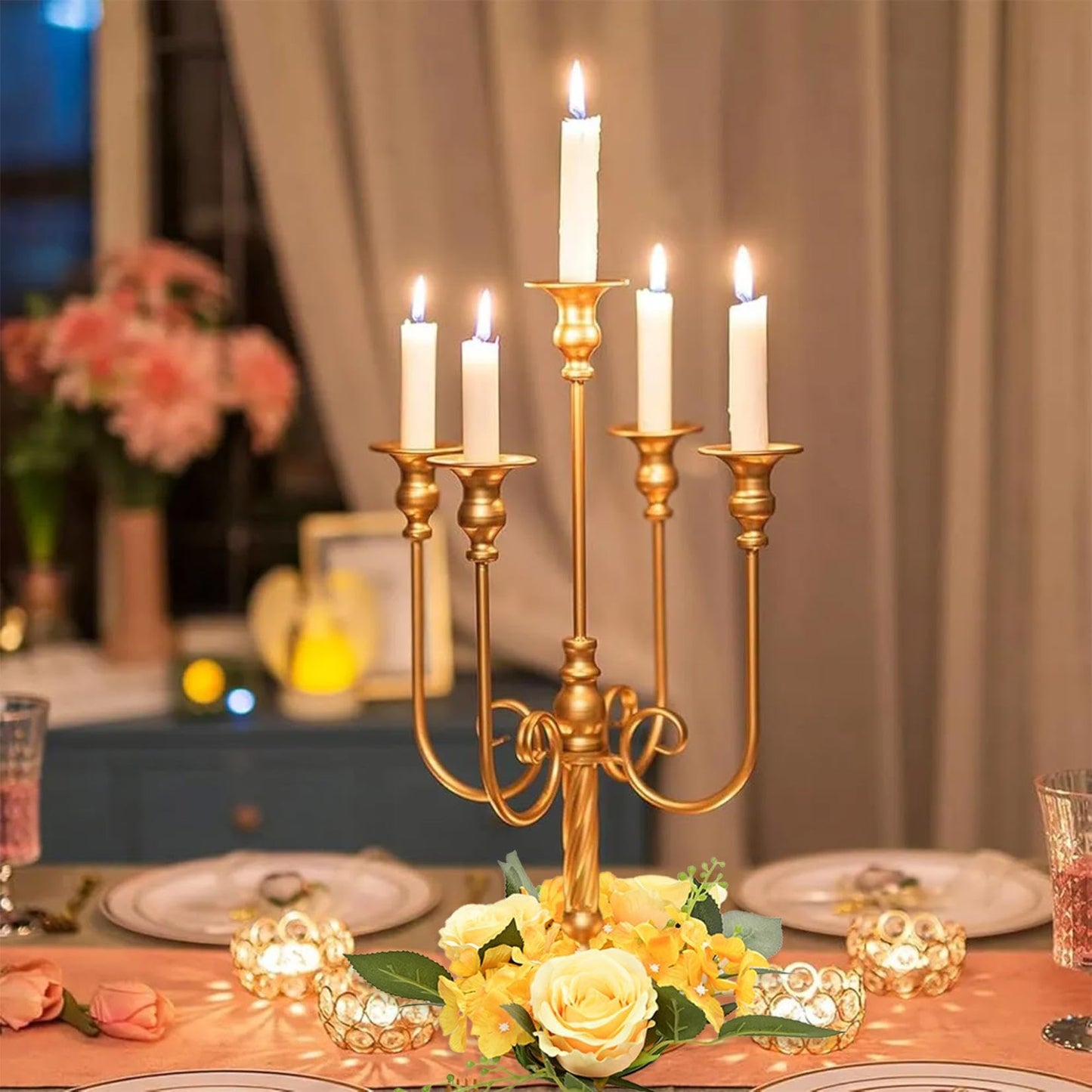 2PCS Artificial Roses Candle Rings Wreaths 4 Inch Center for Pillars Wedding Centerpiece Table Decorations Fake Rose Eucalyptus Leaves Floral Candle Ring for Holiday Party Supplies (Yellow)