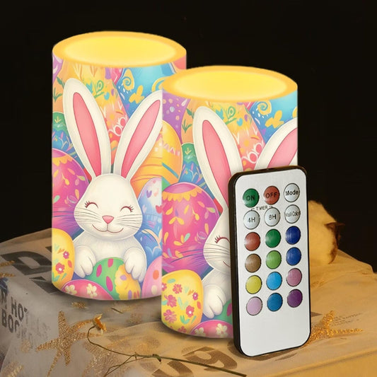 Luarisgur Easter Decorations Indoor Candles Rabbit Eggs Flameless Candles with Remote and Timer 2 Pack Battery Operated Easter Themed LED Candles for Festival Gift Home Room Decor