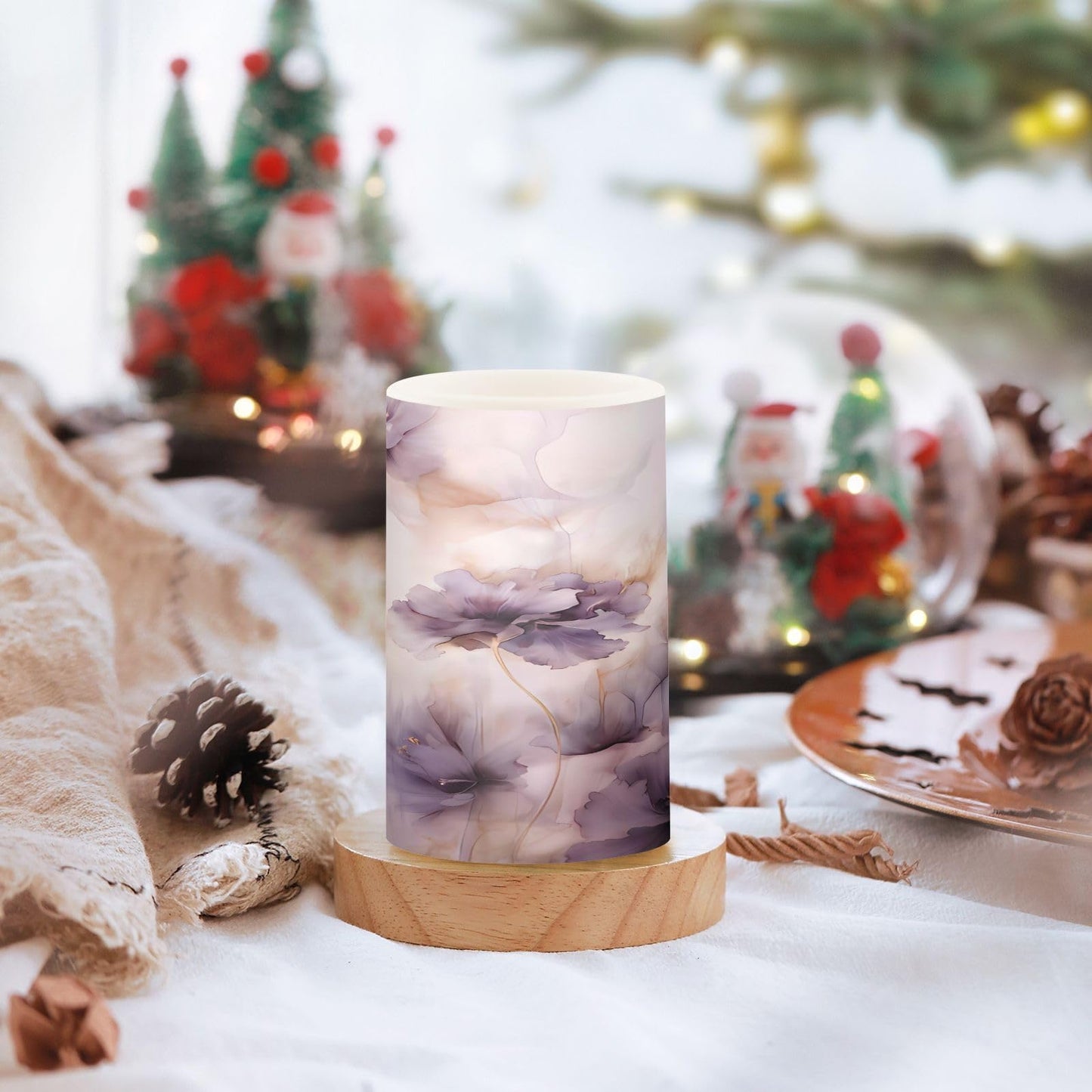 ALAZA Purple Flowers Flickering Flameless Candles Battery Operated with Remote Timer,Tea Light Candles LED Pillar Votive Candles Set of 2 for Outdoor Indoor Decorations