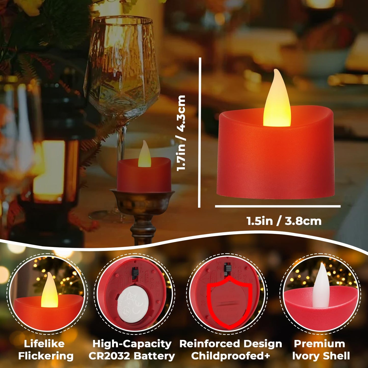 Haown Realistic Flameless LED Tea Lights - 24 Pack Premium LED Tea Lights for Christmas Mantel, Valentine's Dinner & Wedding Centerpieces (Red Base, 24 Pack)