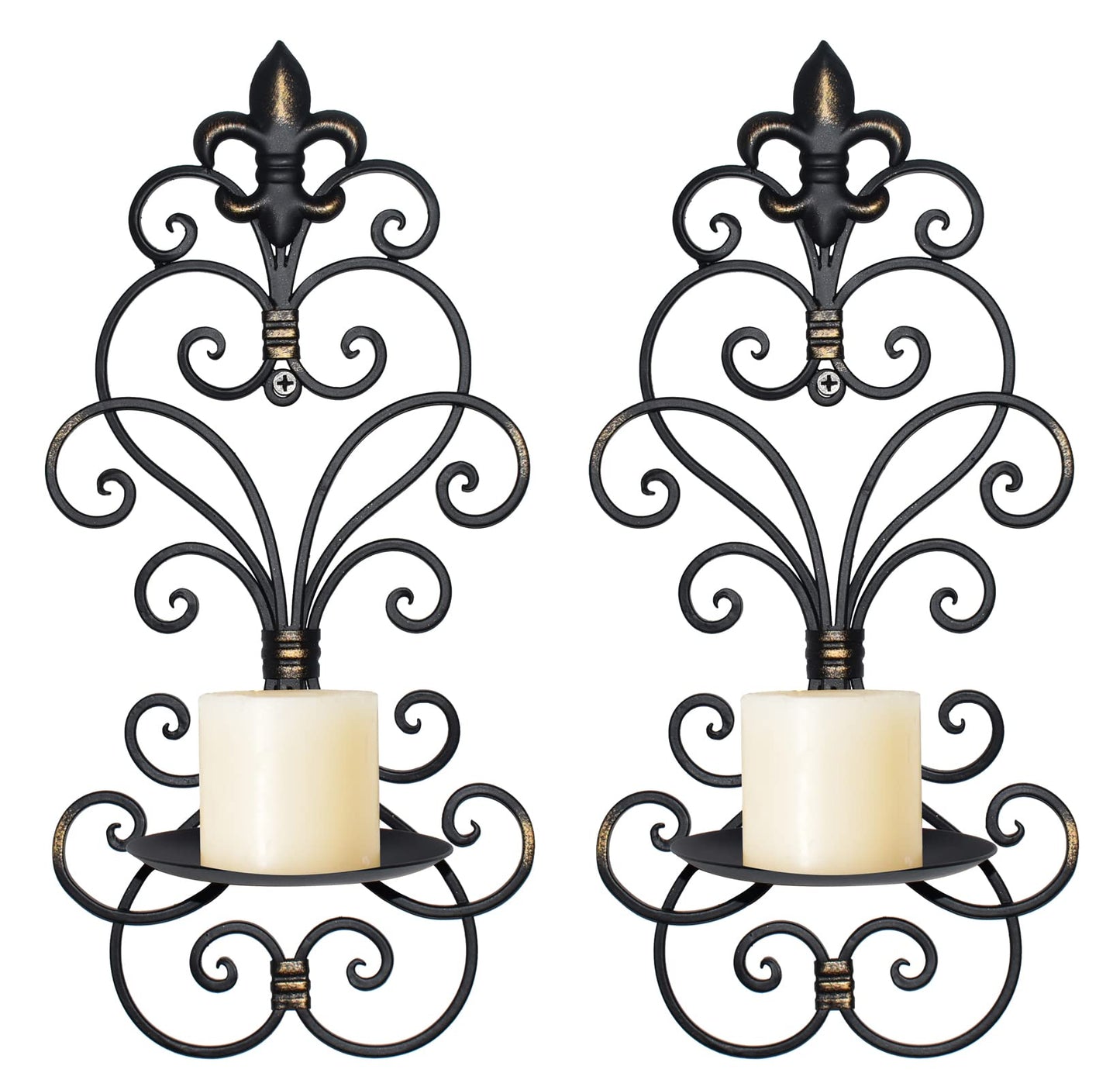 JUCONSIN Wall Sconces Candle Holder Set of 2, Metal Wall Decorations Hanging Wall Mounted Candle Sconces for Living Room Dining Room, Black with Gold (Black with Gold)