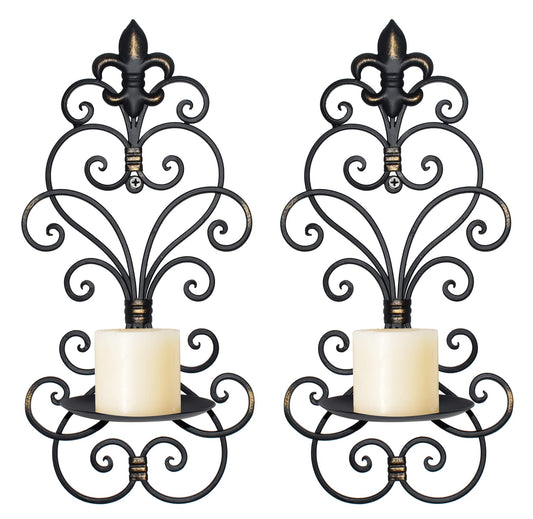 JUCONSIN Wall Sconces Candle Holder Set of 2, Metal Wall Decorations Hanging Wall Mounted Candle Sconces for Living Room Dining Room, Black with Gold (Black with Gold)