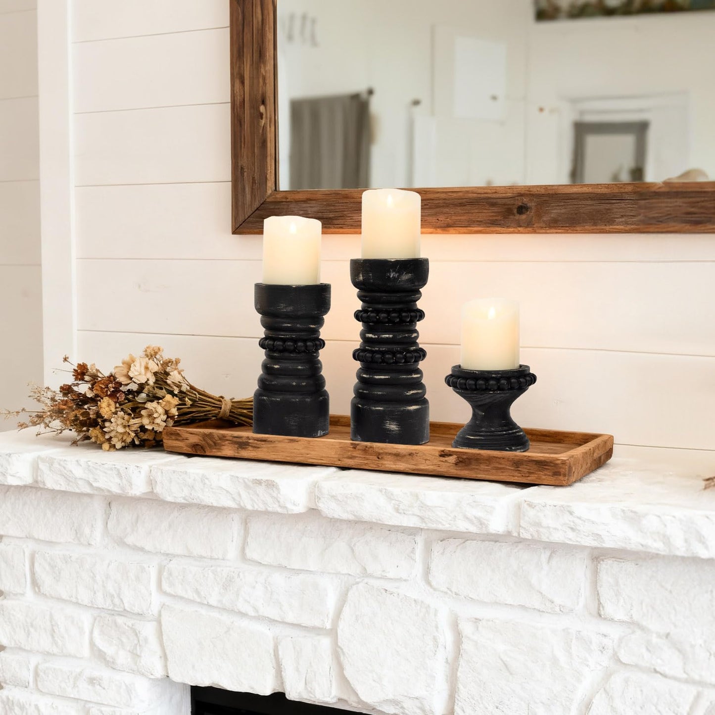 MODE HOME Rustic Black Wood Candle Holders Set of 3, Farmhouse Beaded Wood Pillar Candle Holder, Candle Holders for Pillar Candles & Candlesticks, Candle Sticks Holder Decor for Table Centerpiece