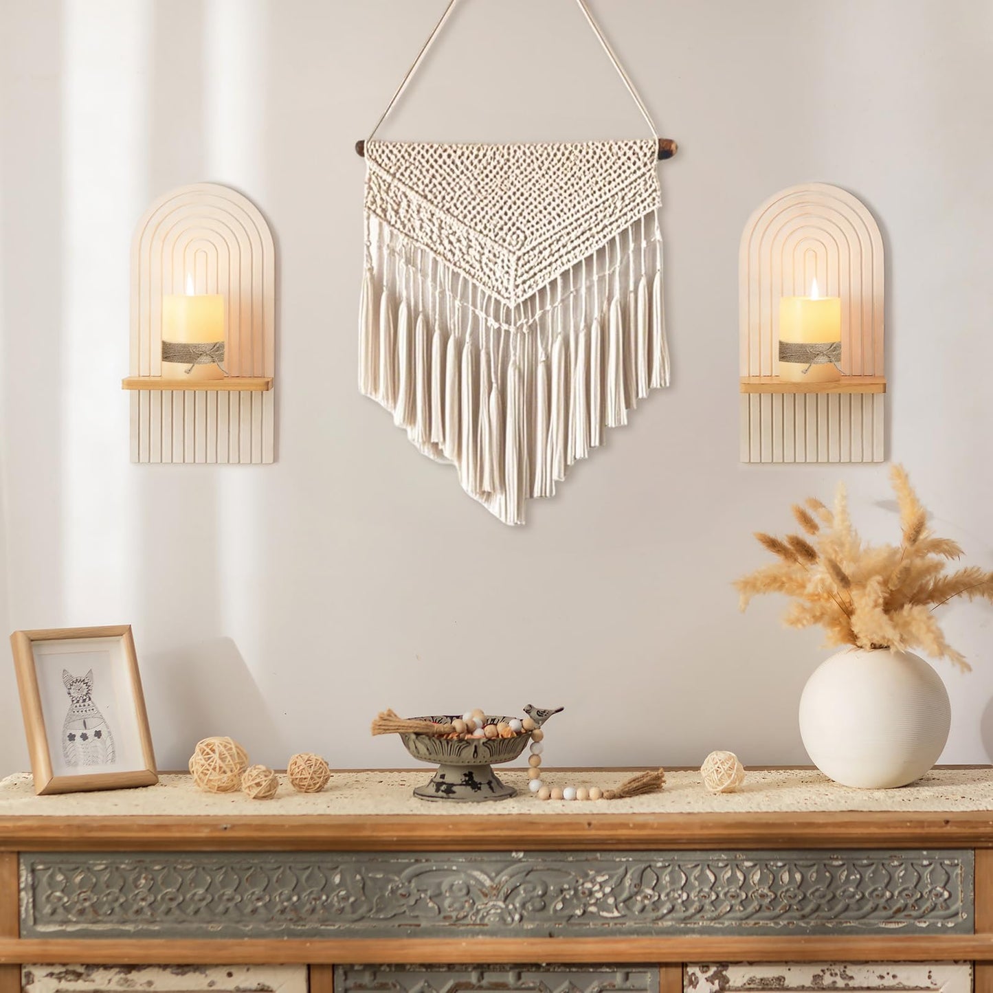 Walasis Boho Wall Candle Holder Decor: Mid Century Candle Sconces Set of 2 for Plants Pillar Candles - White Wood Modern Minimalist Arch Candle Shelf Bohemian Art Decor Beside Fireplace TV