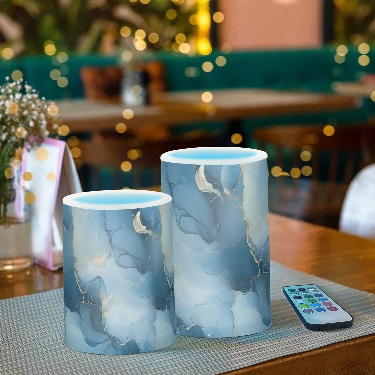 zyrtty 2 Pack Plastic Flameless Candles Abstract Gold Navy Blue Marble Pattern Battery Operated with Remote and Timer Real Wax LED Flickering Pillar Candles Set Window Christmas Holiday Decor