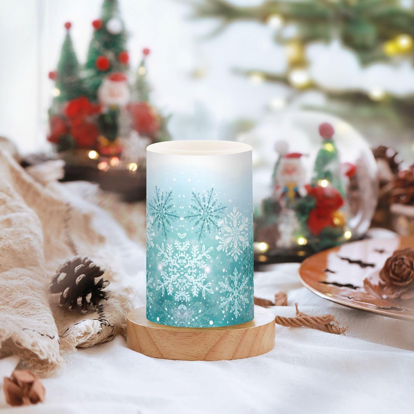 Silver Winter Teal Turquoise Snowflakes Christmas Flickering Flameless Candles Battery Operated with Remote Timer,Tea Light Candles LED Pillar Votive Candles set of 2 for Outdoor Indoor Decorations