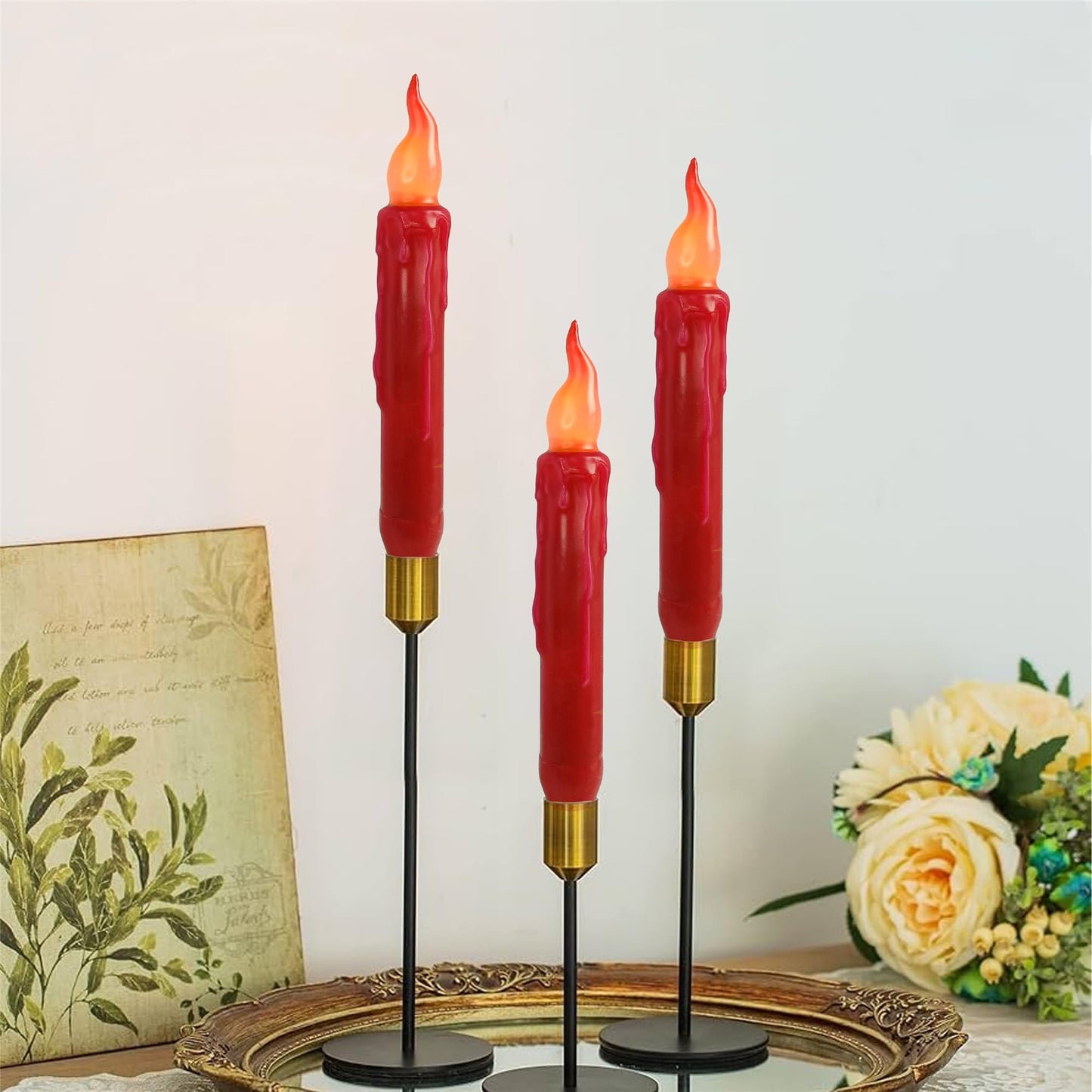 Gedengni Red Candlesticks Flameless Taper Candle, 4pcs Short LED Tapered Candles Remote Dipped Candle 6inch Battery Chandelier for Enchanting Christmas Harry Potter Inspired Vigils,R