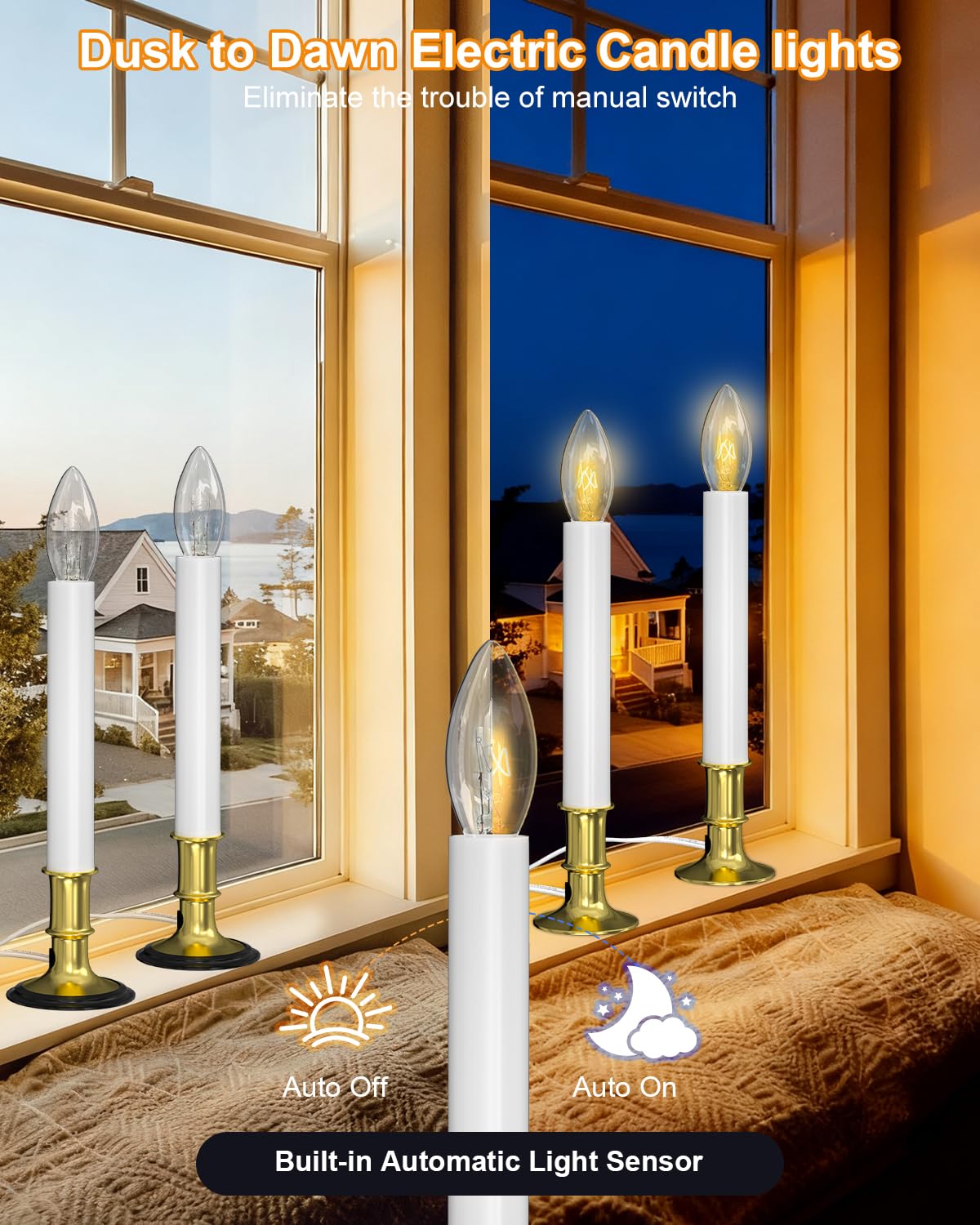 Electric Christmas Window Candles, Christmas Candles with Dusk-to-Dawn Auto Sensor - 7W C26 Light Bulbs, Turns On in Dark - Off in Light, Pack of 4