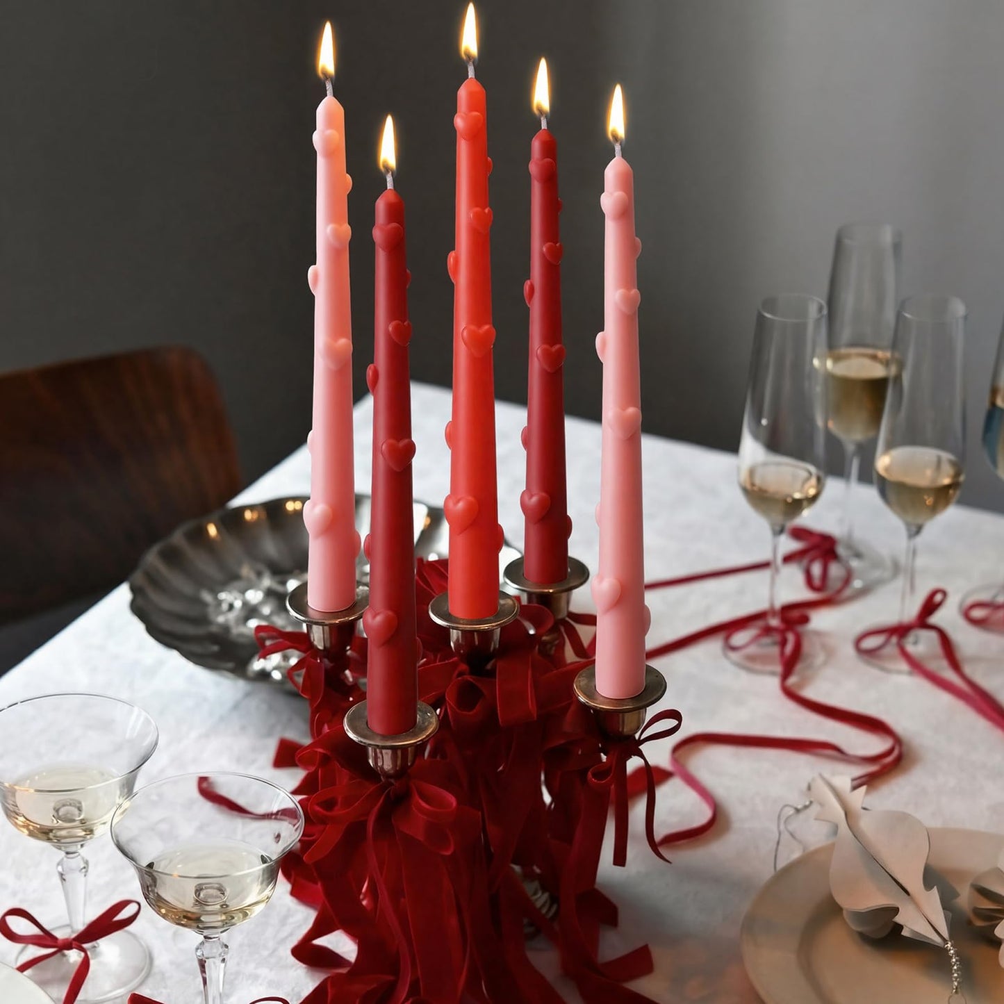 Nuanchu 4 pcs Valentine Heart Taper Candles 3D Heart Pillar Candles 10 Inch Red Pink Long Tapered Candlesticks Unscented, Smokeless, Dripless for Birthday Christmas Dinner Wedding Party Home Decor