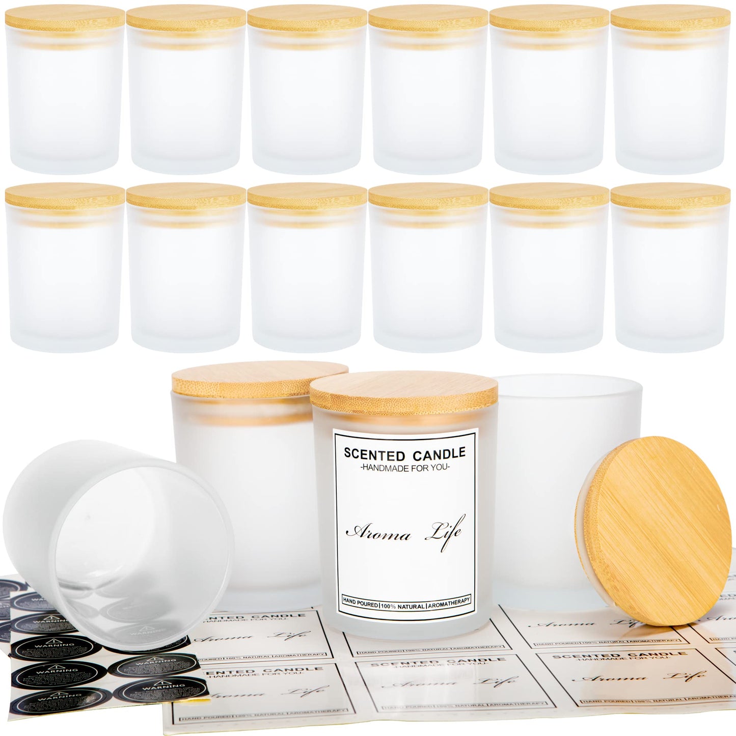 Creahaus 10oz, 16 Pack Thick Candle Jars with Bamboo Lids for Making Candles, Bulk Frosted Empty Glass Candle Containers & Sticky Labels, Warming Labels Kit, Heat Resistant Candle Vessels