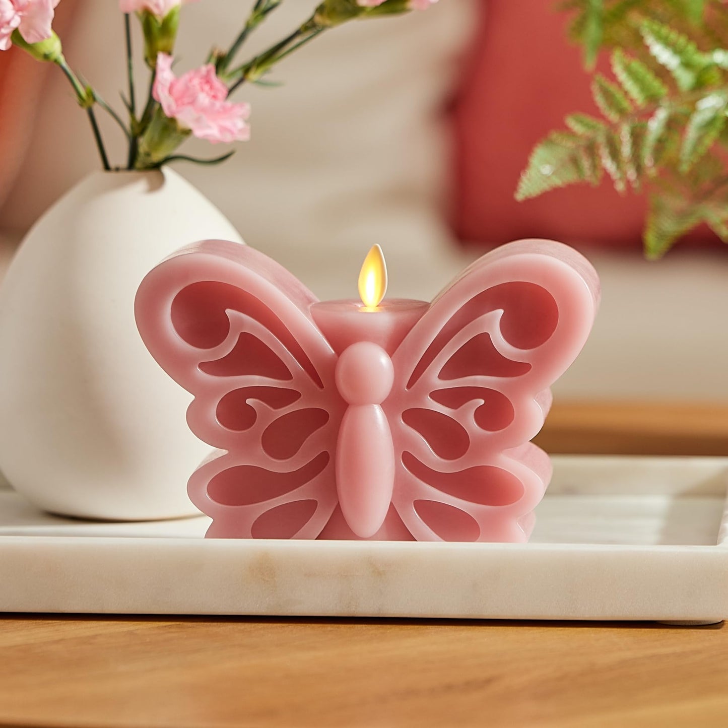 Luminara - Flameless Flickering Moving Flame Nature-Inspired Battery Operated LED Décor - Spring Summer Collection - Blooming Mauve Butterfly Garden Candle - 6.6” x 4.3”