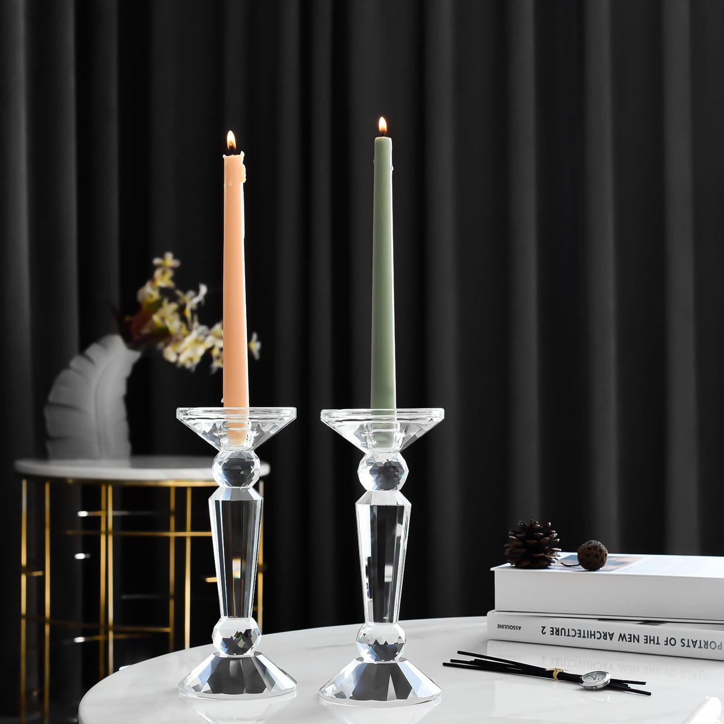 Marvala Crystal Taper Candle Holders Set, Clear Dual-Sided 2-in-1 Candlesticks for Taper and Pillar Candles, Elegant Wedding Table, Wedding, Christmas, Home Holiday Decor (Set of 2-S)