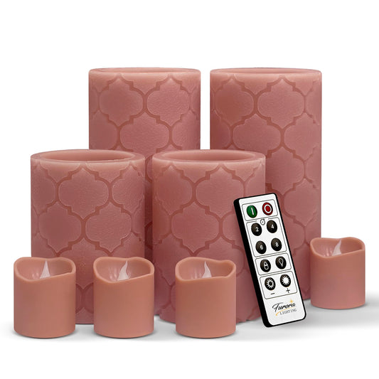 FURORA LIGHTING Dusty Rose Flameless Candles - Real Wax, Adjustable Brightness, Remote & Timer - 4 Pillars (3x4, 3x6) and 4 Votives, 8-Pack, Battery Operated