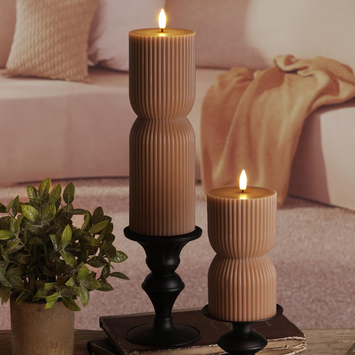Girimax Warm Brown Ribbed Flameless Pillar Candles with Remote, Real Wax Flickering Battery LED Candles Christmas Decor Gift Set of 2